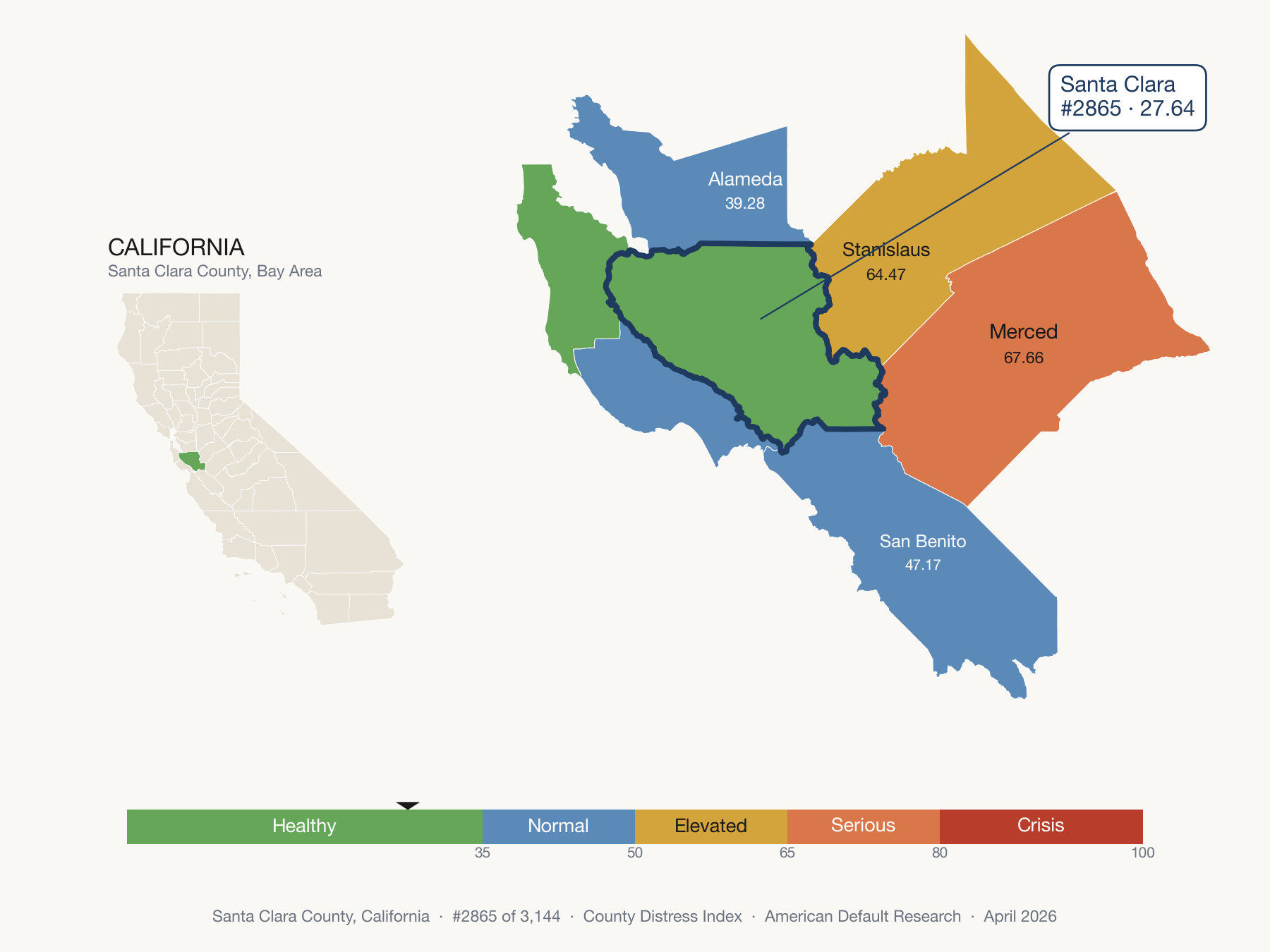 County Distress Index cluster map. Santa Clara County, California and its neighbors colored by distress zone.