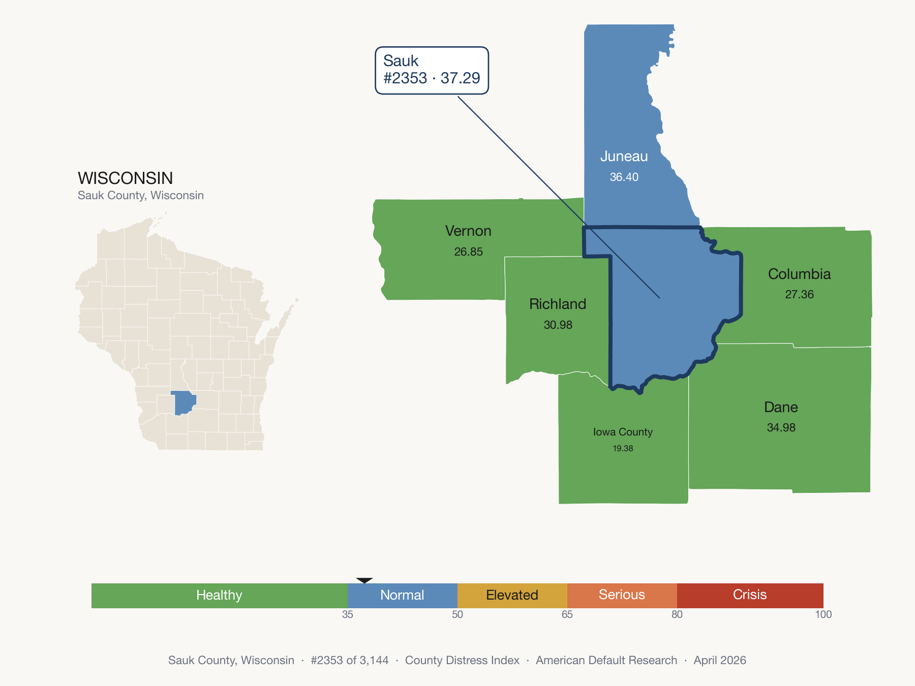 County Distress Index cluster map. Sauk County, Wisconsin and its neighbors colored by distress fifth.