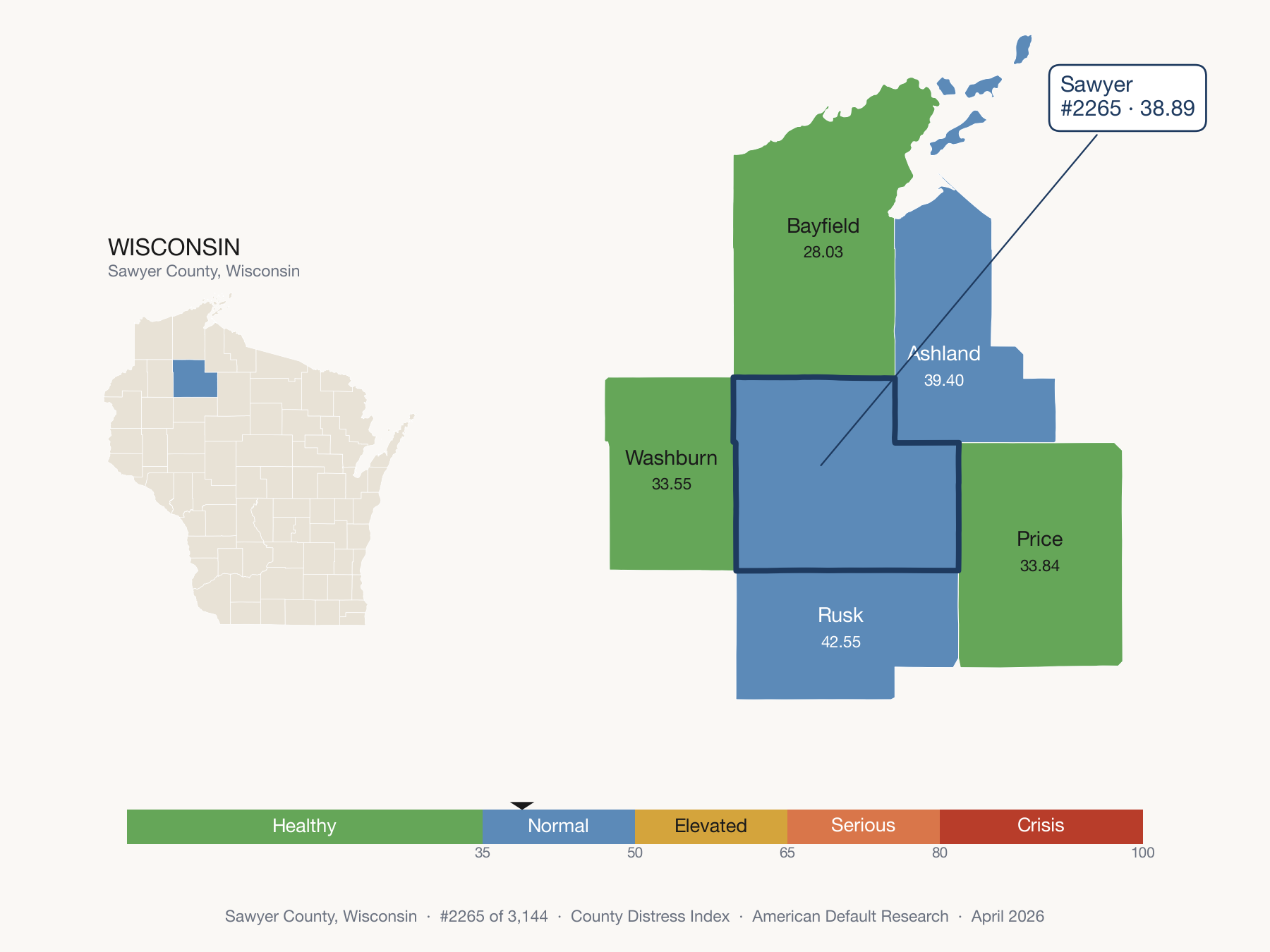 County Distress Index cluster map. Sawyer County, Wisconsin and its neighbors colored by distress fifth.