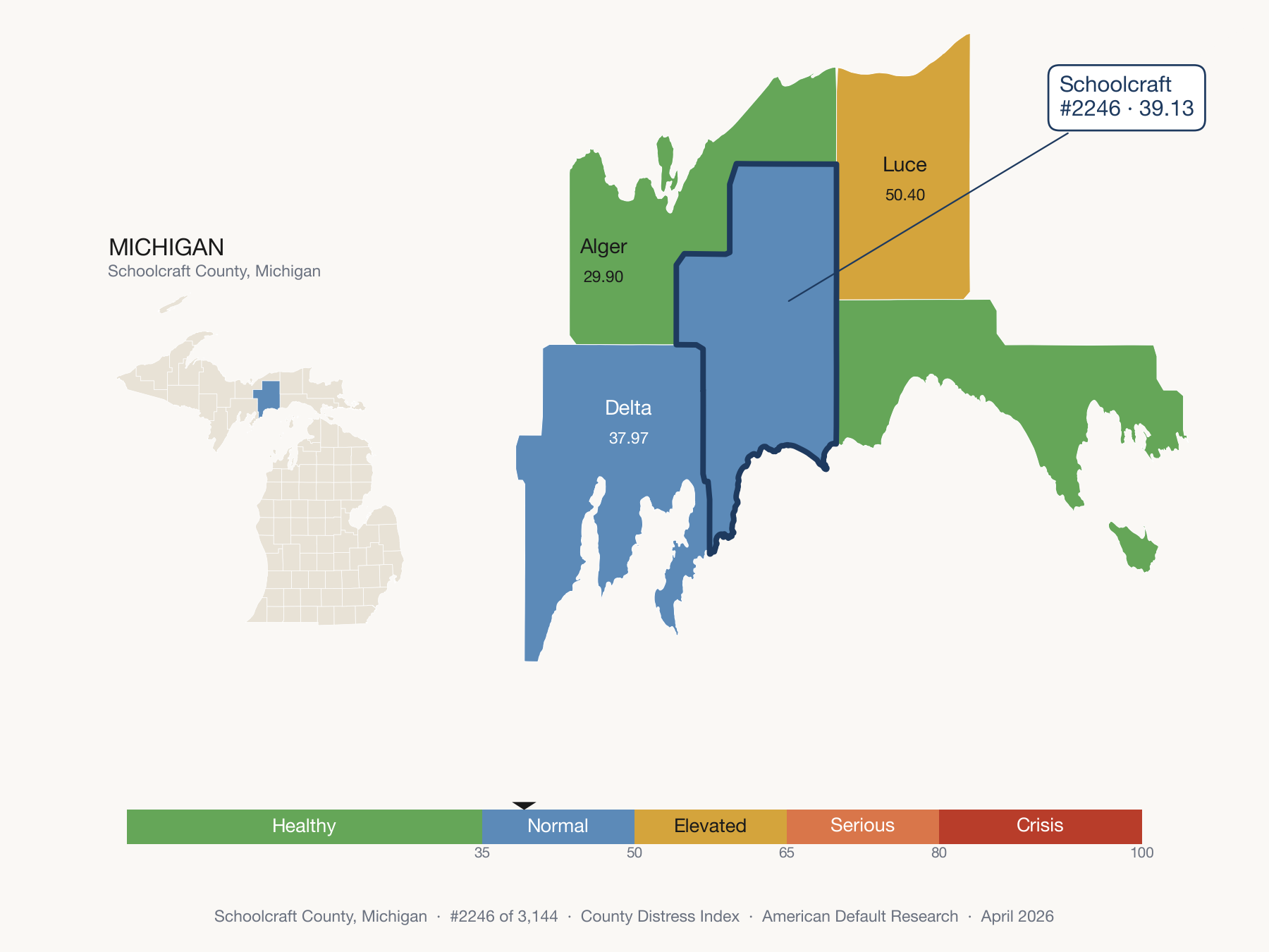County Distress Index cluster map. Schoolcraft County, Michigan and its neighbors colored by distress fifth.