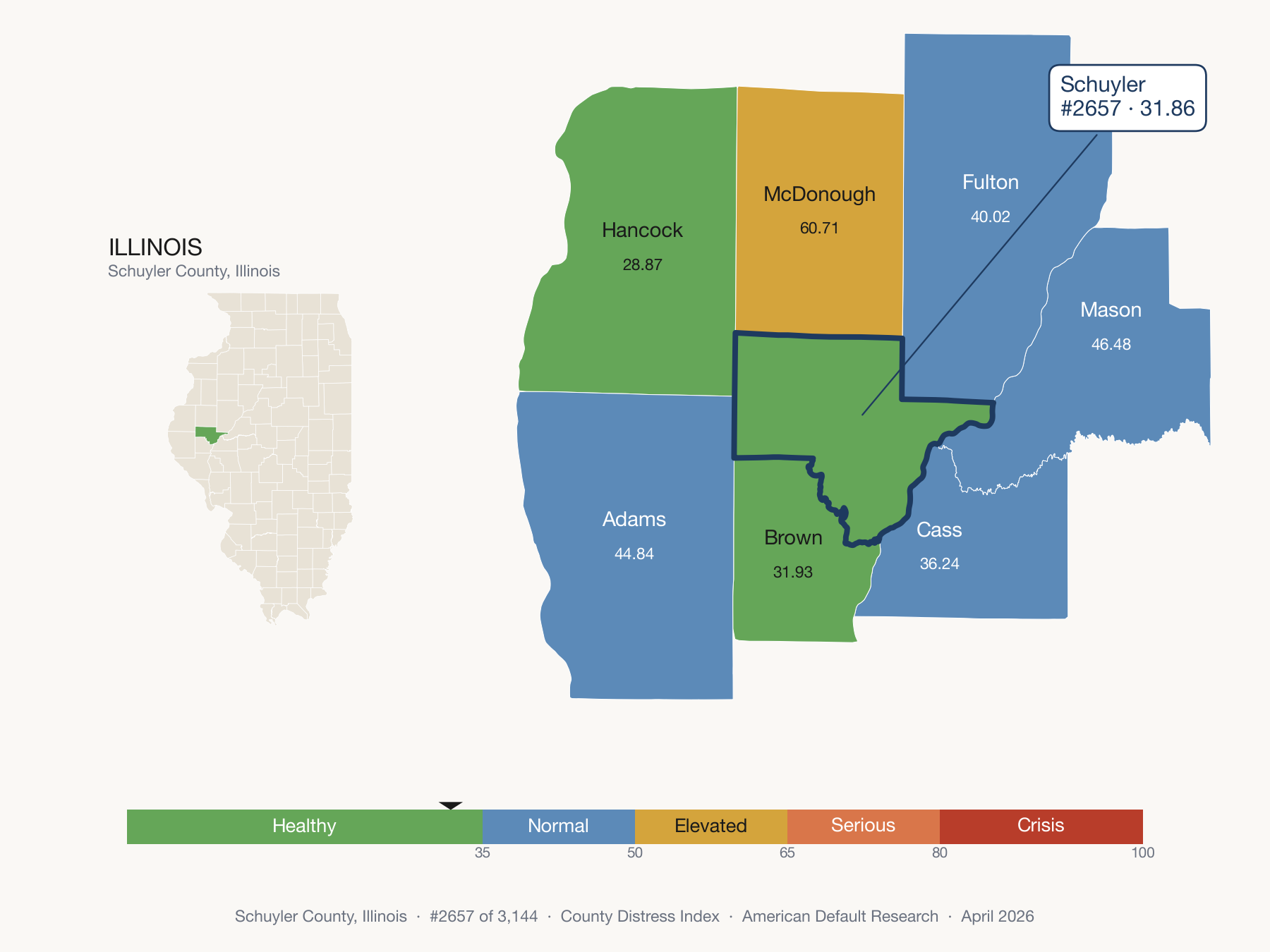 County Distress Index cluster map. Schuyler County, Illinois and its neighbors colored by distress fifth.