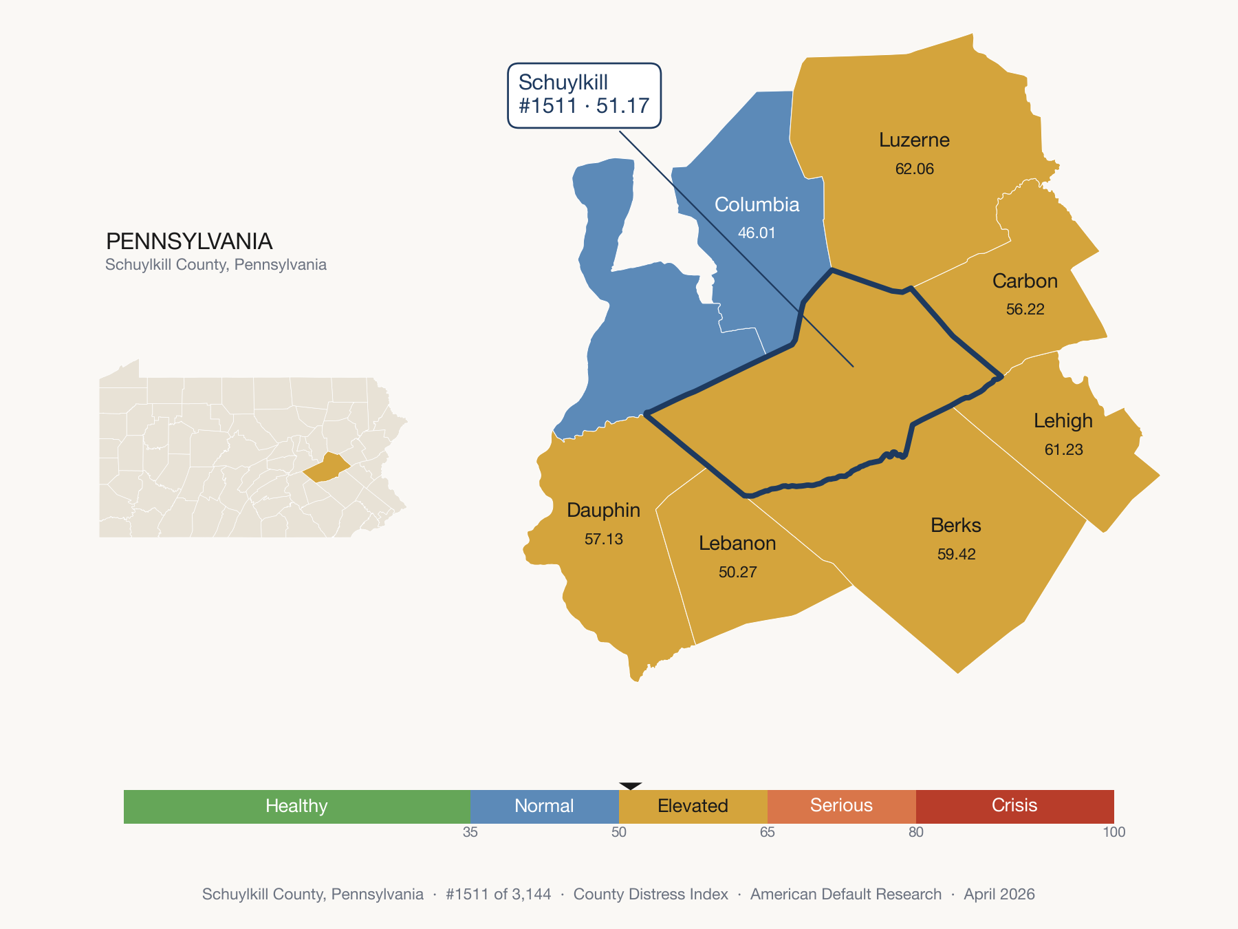 County Distress Index cluster map. Schuylkill County, Pennsylvania and its neighbors colored by distress zone.