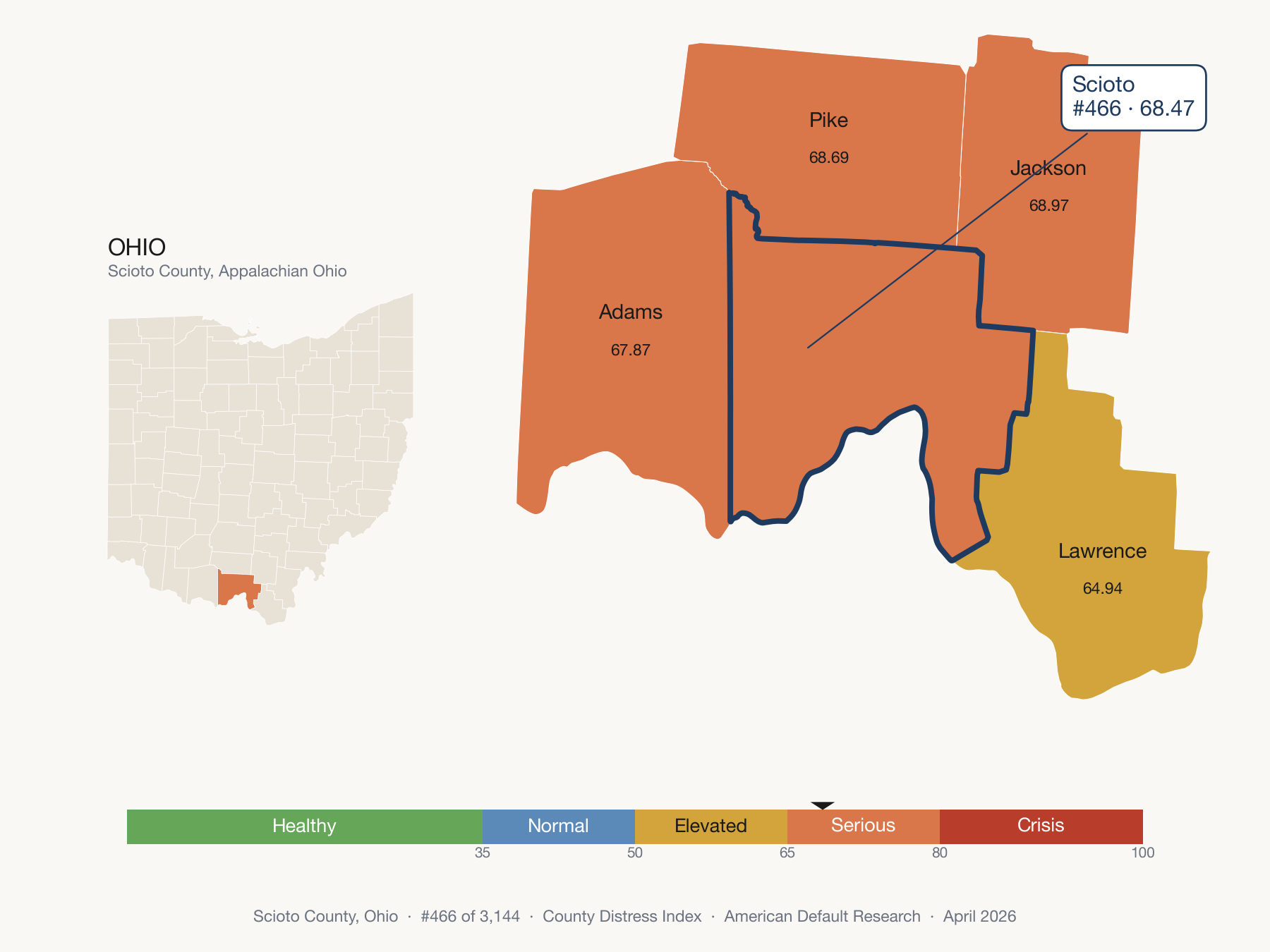 County Distress Index cluster map. Scioto County, Ohio and its neighbors colored by distress fifth.