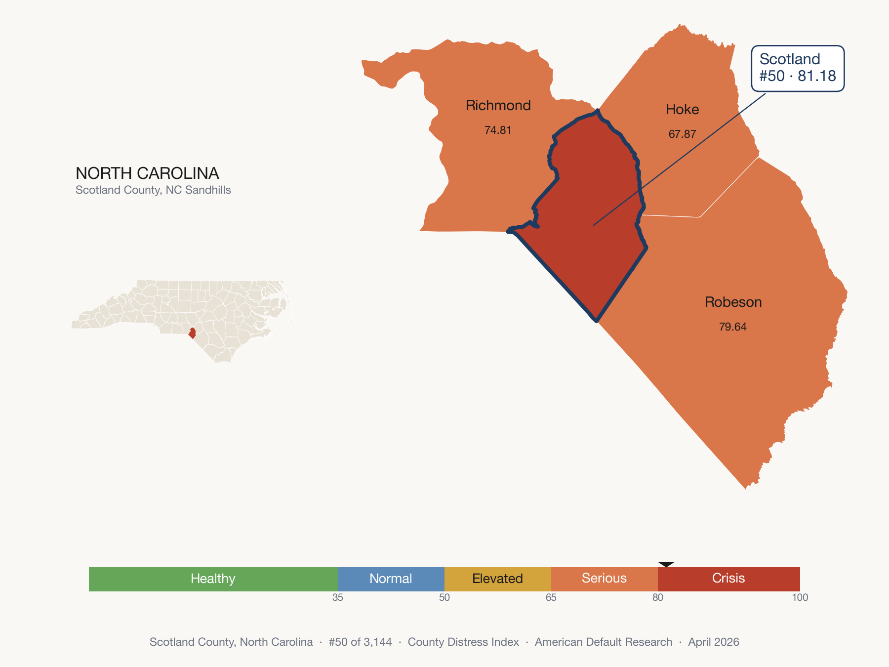 County Distress Index cluster map. Scotland County, North Carolina and its neighbors colored by distress zone.