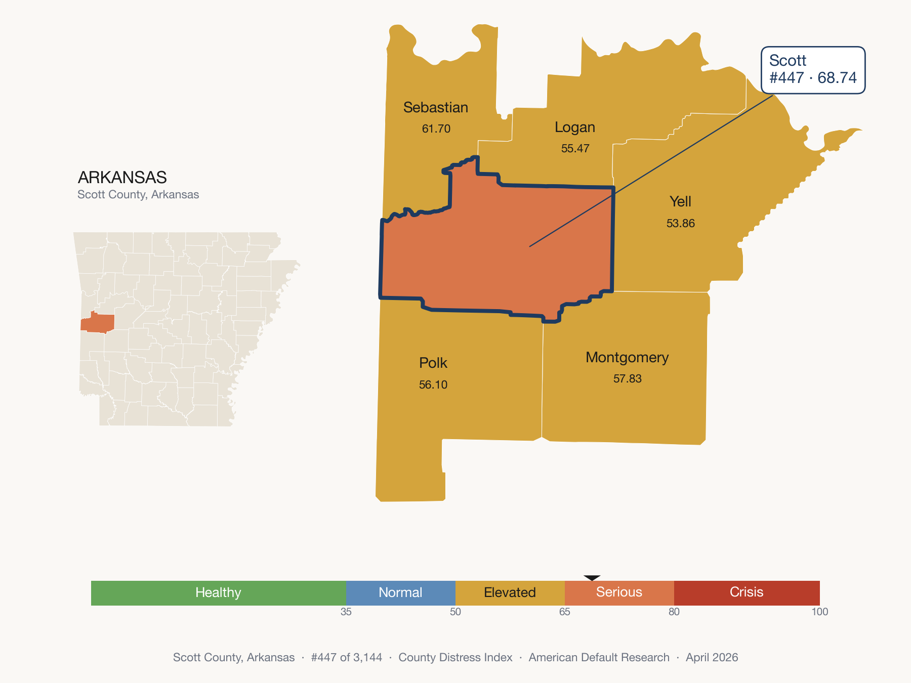 County Distress Index cluster map. Scott County, Arkansas and its neighbors colored by distress fifth.