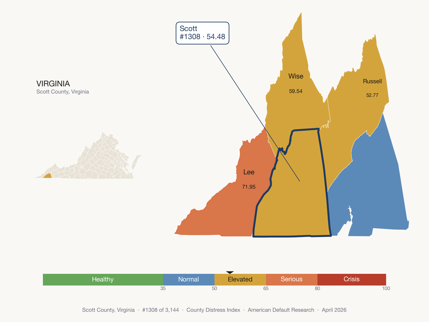 County Distress Index cluster map. Scott County, Virginia and its neighbors colored by distress zone.