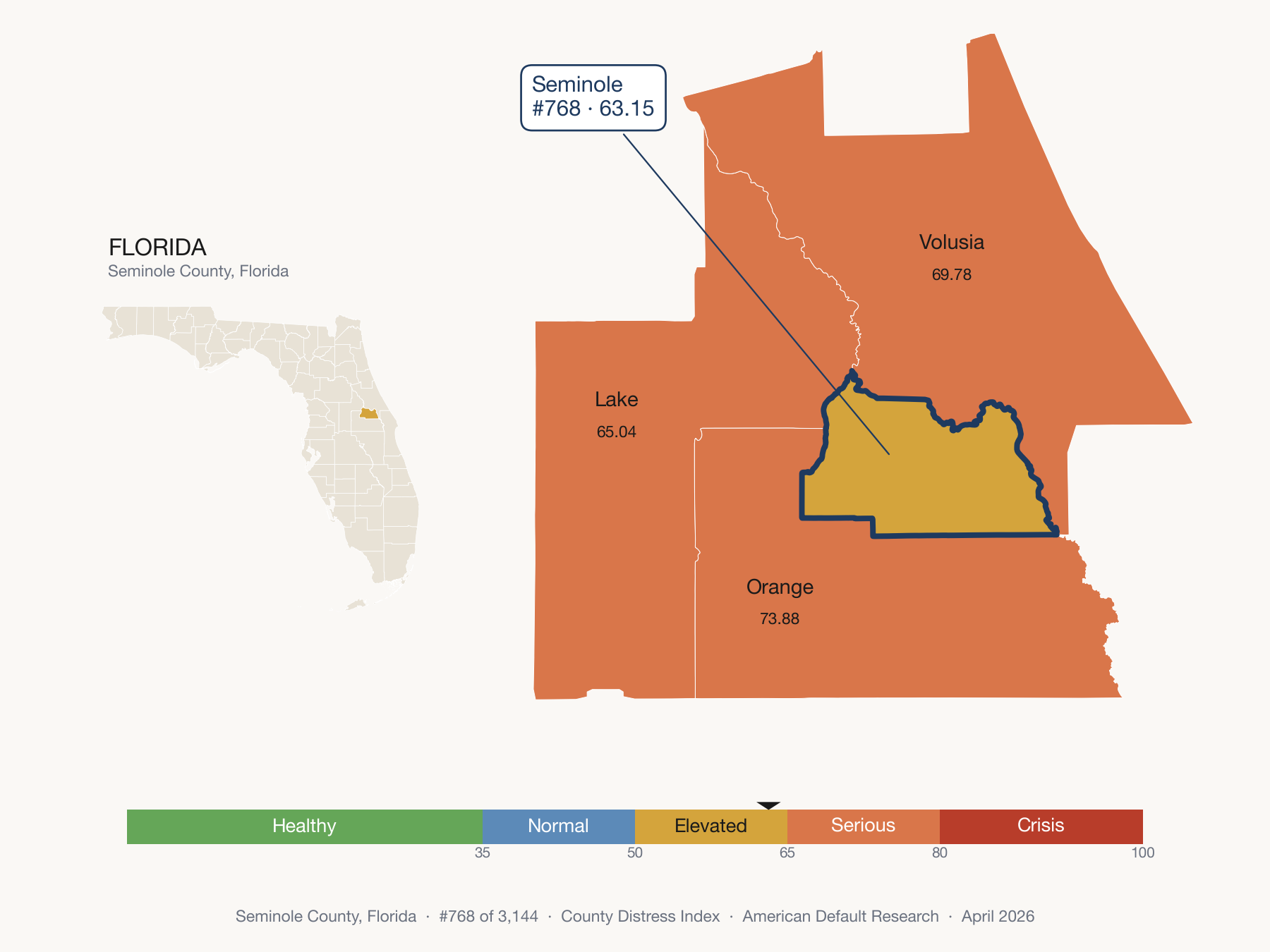 County Distress Index cluster map. Seminole County, Florida and its neighbors colored by distress fifth.
