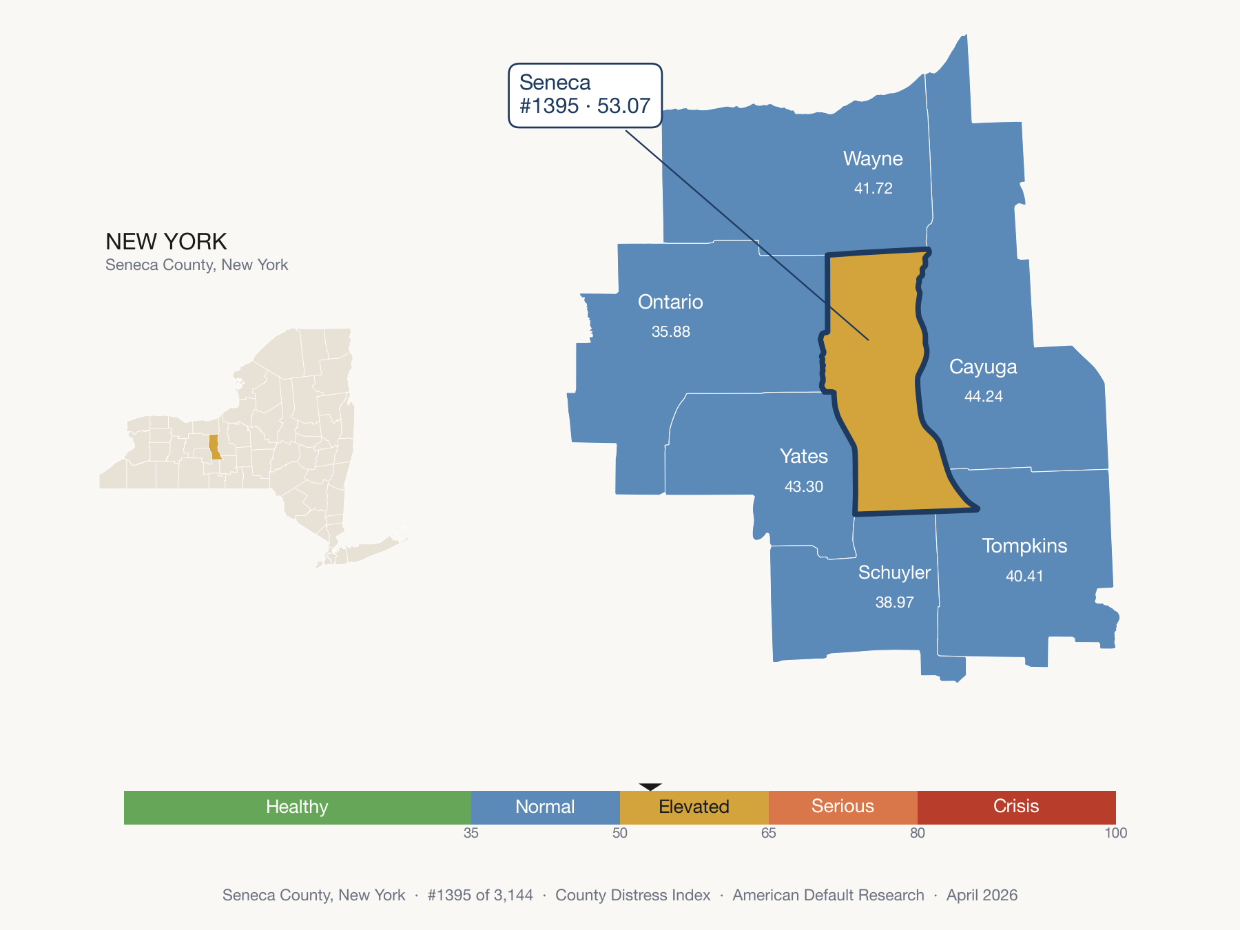 County Distress Index cluster map. Seneca County, New York and its neighbors colored by distress zone.