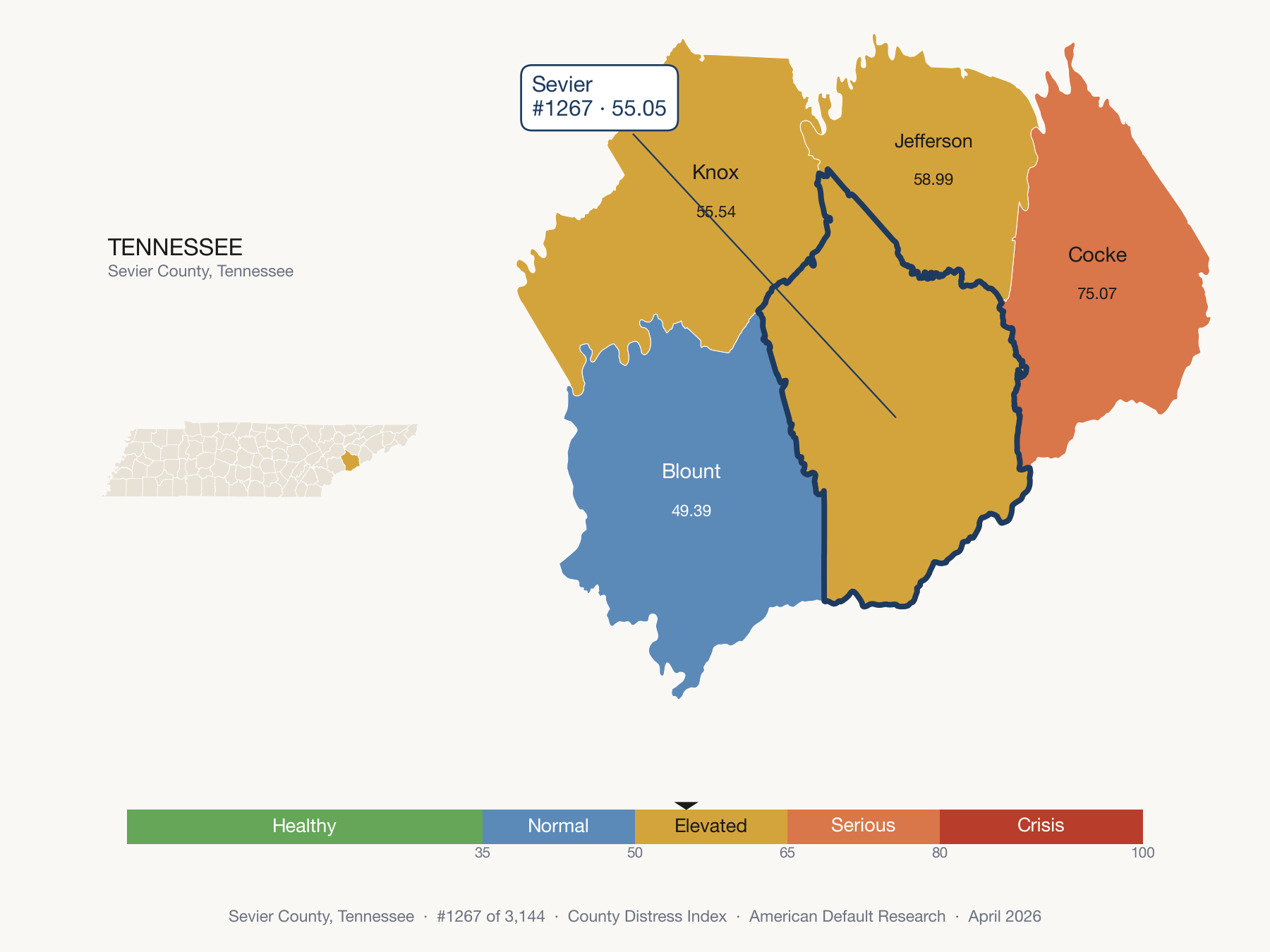 County Distress Index cluster map. Sevier County, Tennessee and its neighbors colored by distress fifth.
