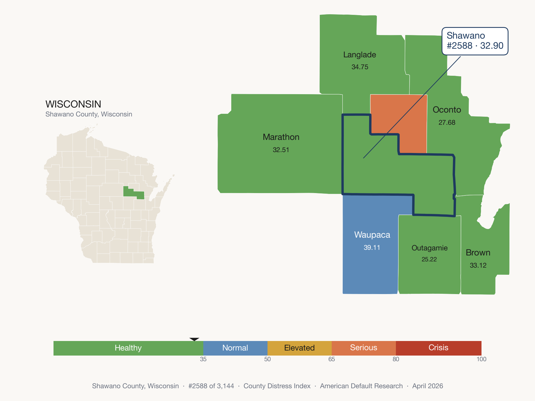 County Distress Index cluster map. Shawano County, Wisconsin and its neighbors colored by distress zone.