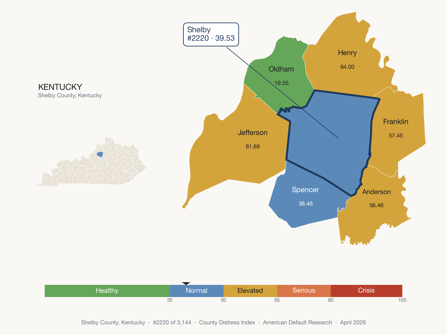 County Distress Index cluster map. Shelby County, Kentucky and its neighbors colored by distress fifth.