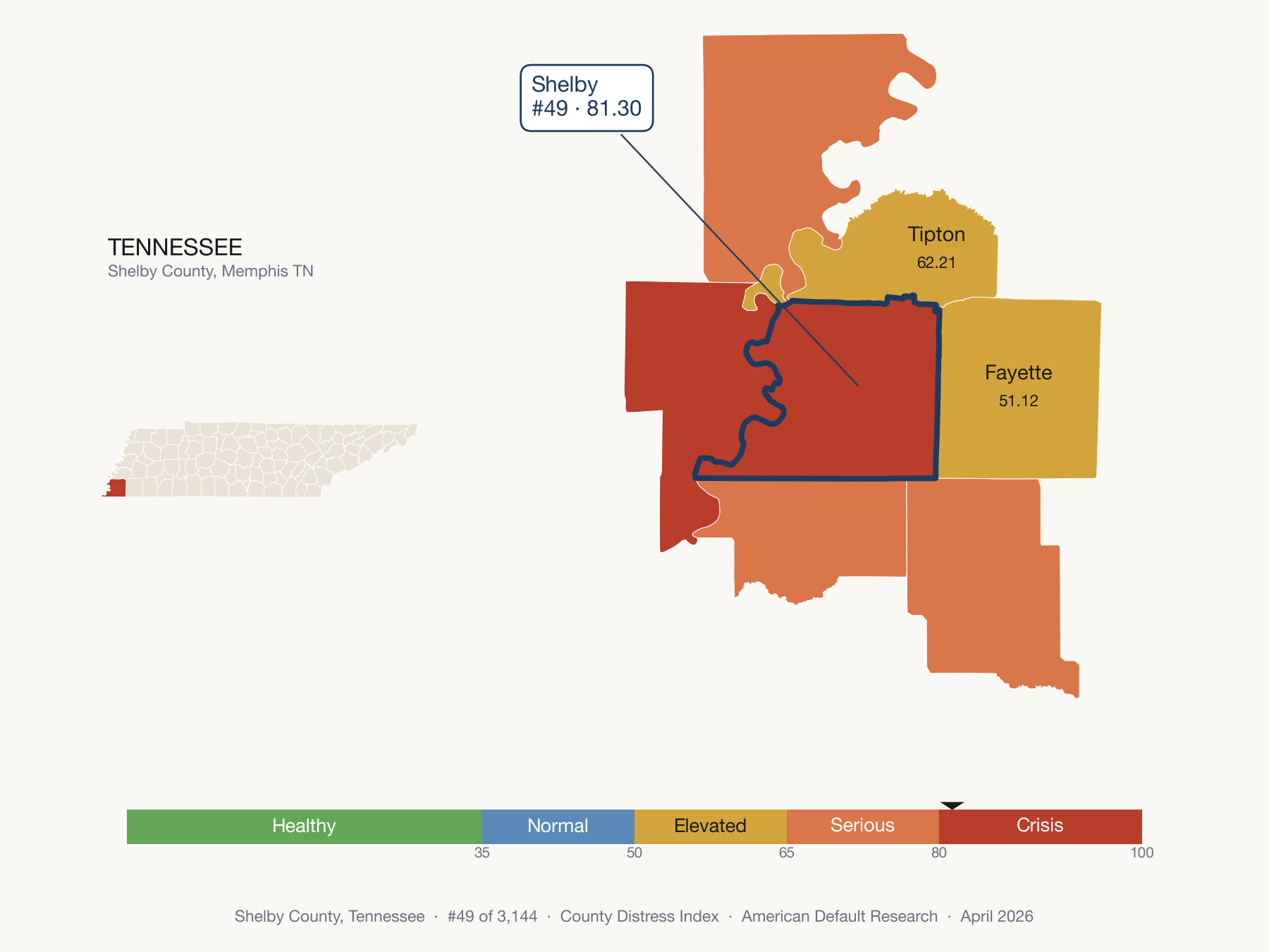 County Distress Index cluster map. Shelby County, Tennessee and its neighbors colored by distress fifth.