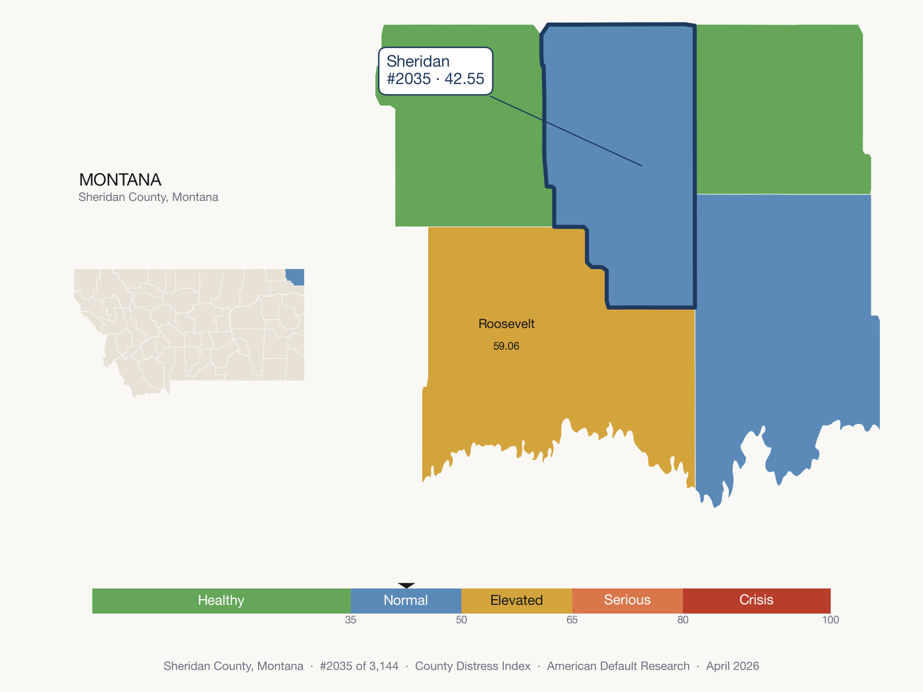 County Distress Index cluster map. Sheridan County, Montana and its neighbors colored by distress zone.