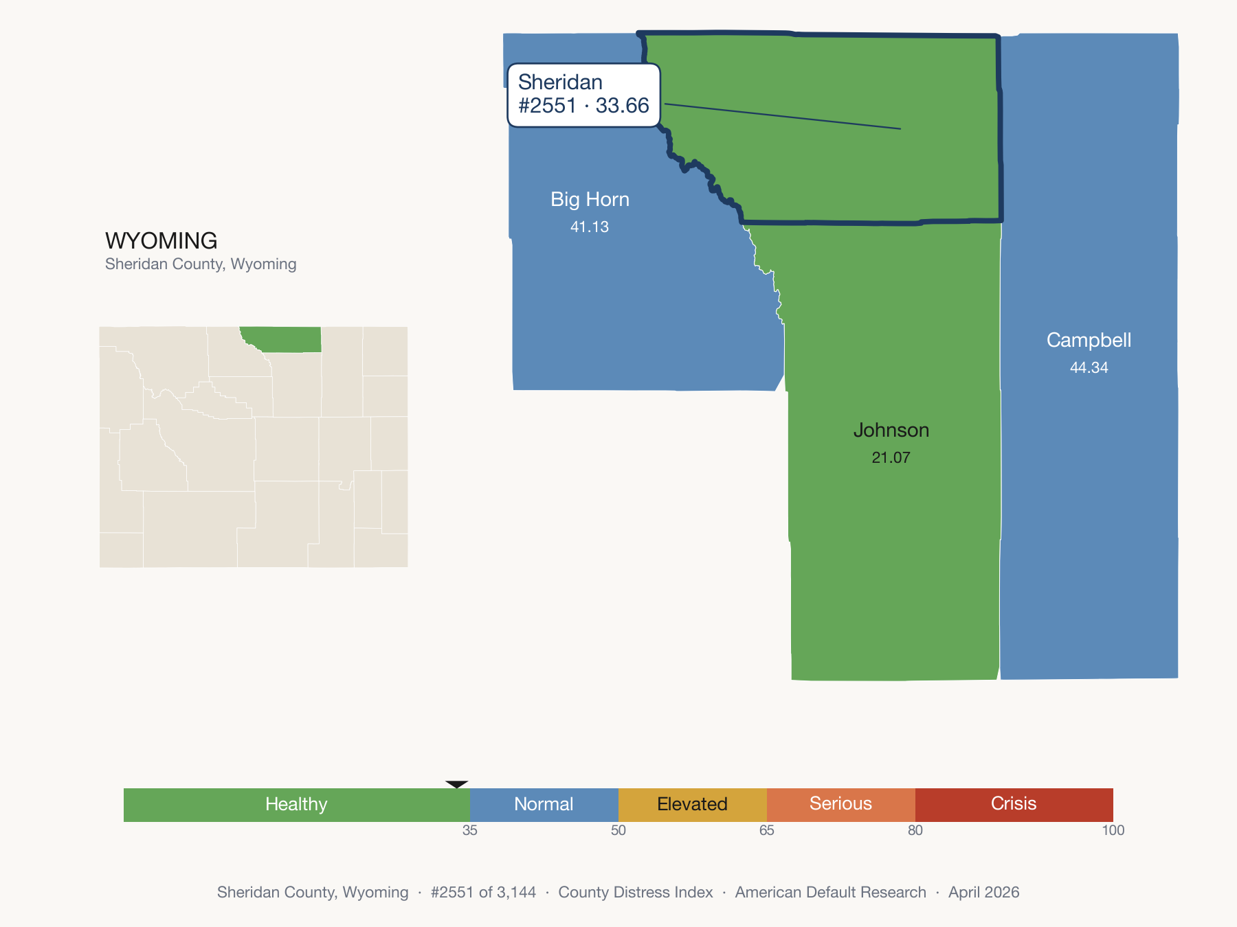 County Distress Index cluster map. Sheridan County, Wyoming and its neighbors colored by distress zone.