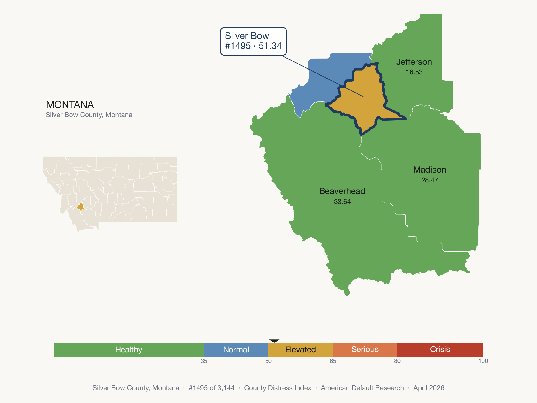County Distress Index cluster map. Silver Bow County, Montana and its neighbors colored by distress zone.