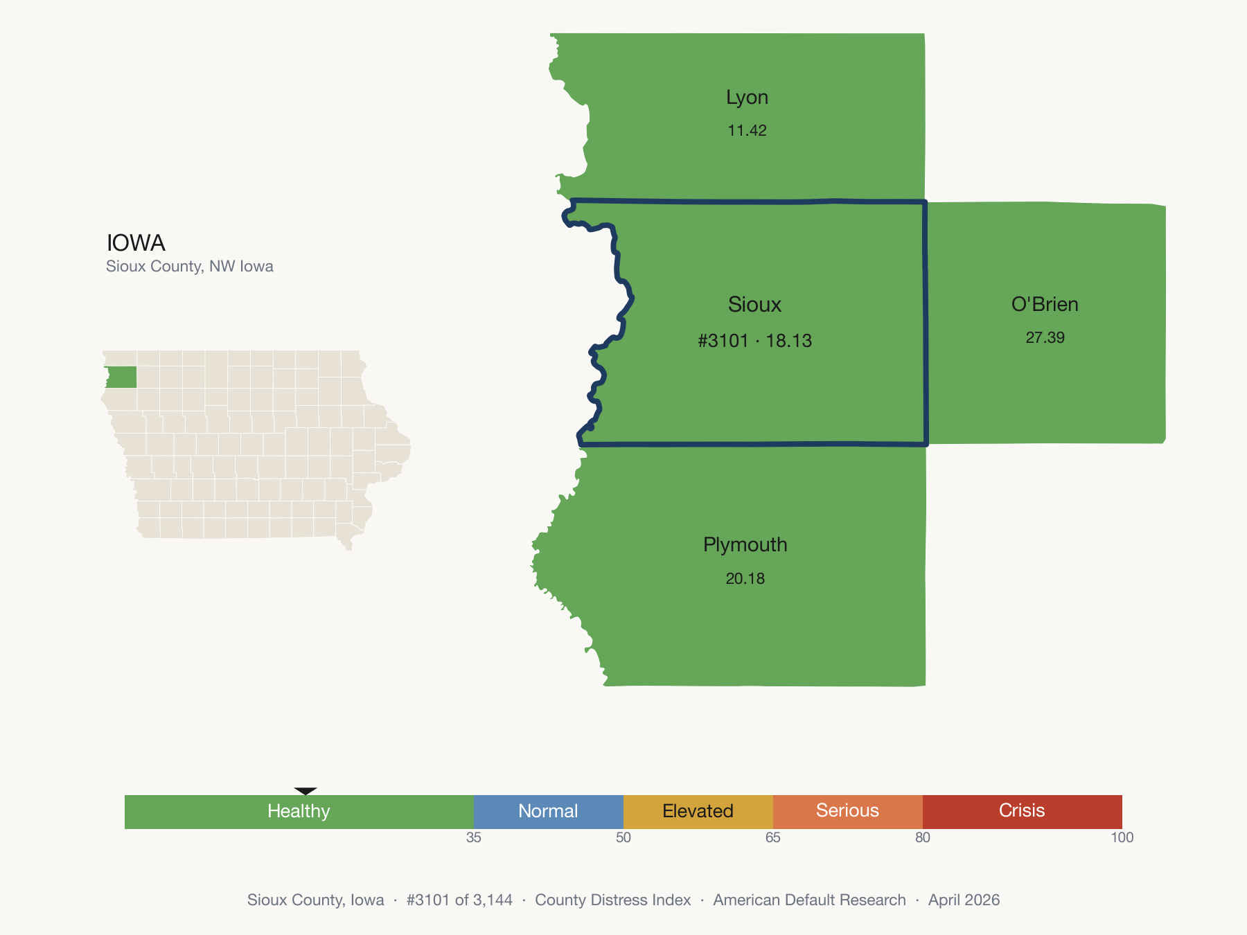 County Distress Index cluster map. Sioux County, Iowa and its neighbors colored by distress zone.