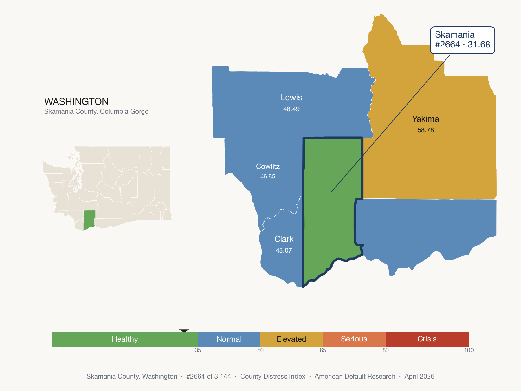 County Distress Index cluster map. Skamania County, Washington and its neighbors colored by distress fifth.
