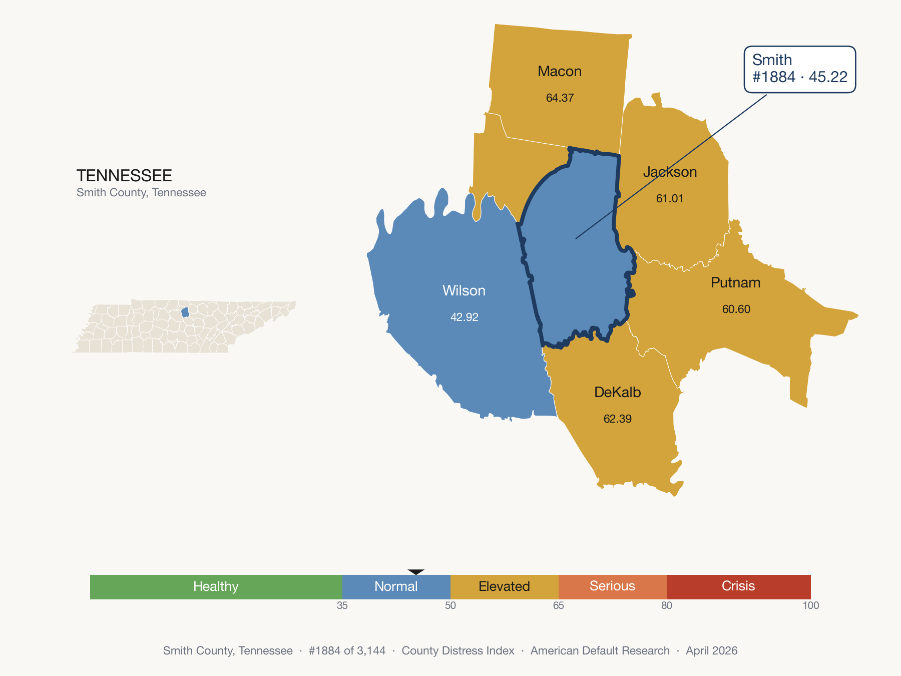 County Distress Index cluster map. Smith County, Tennessee and its neighbors colored by distress fifth.