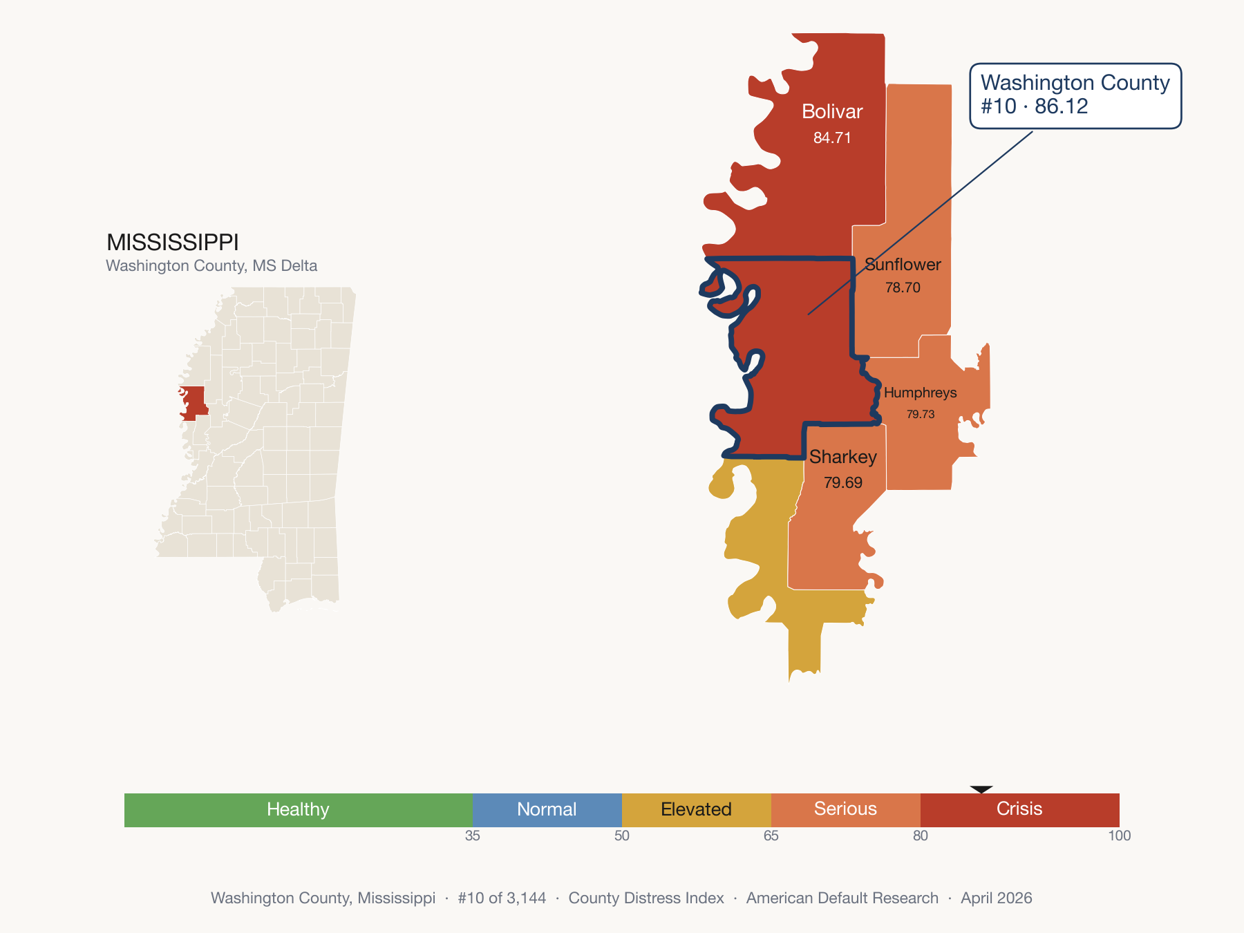 County Distress Index cluster map showing Washington County, Mississippi and its Delta neighbors shaded by County Distress Index fifth.