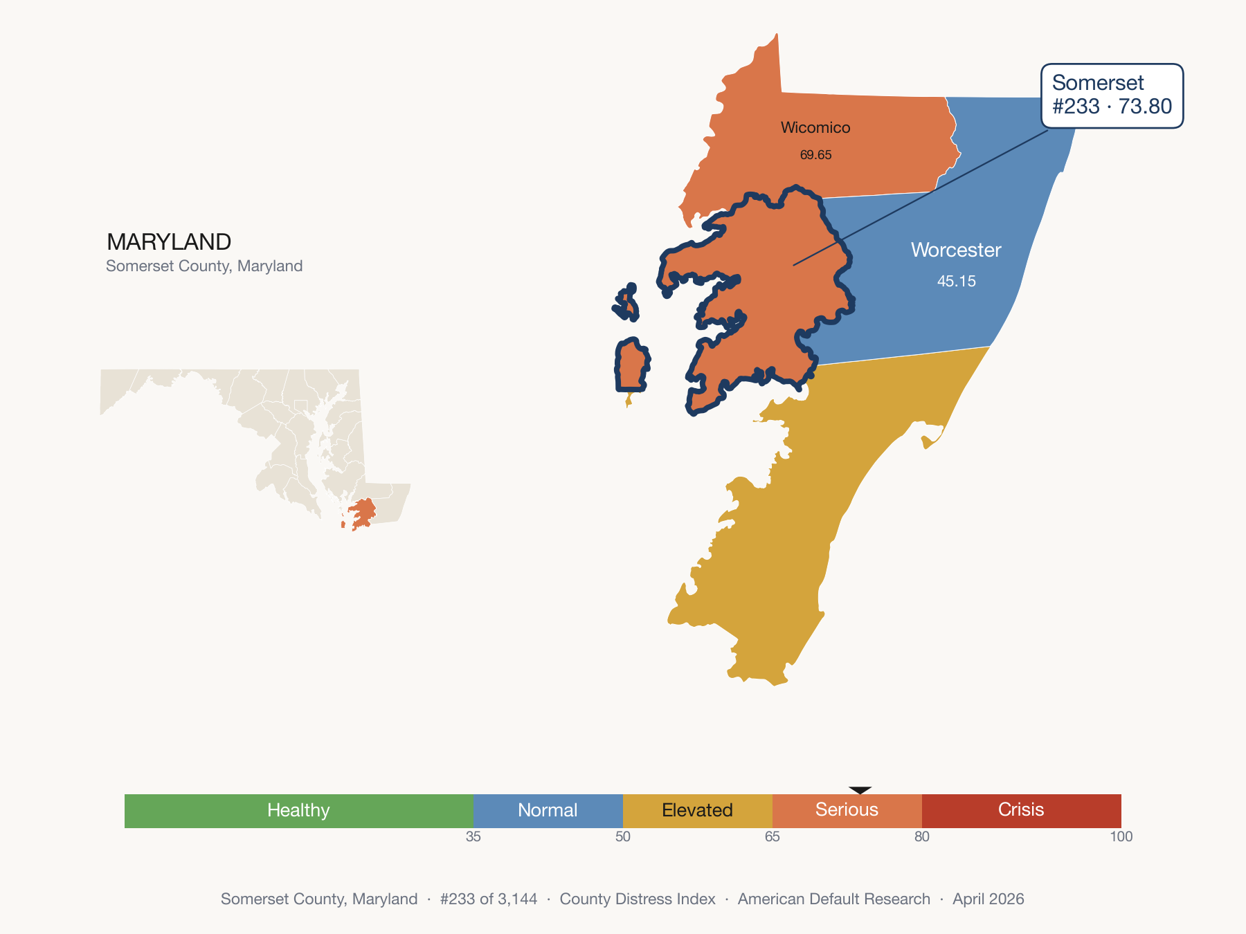 County Distress Index cluster map. Somerset County, Maryland and its neighbors colored by distress fifth.