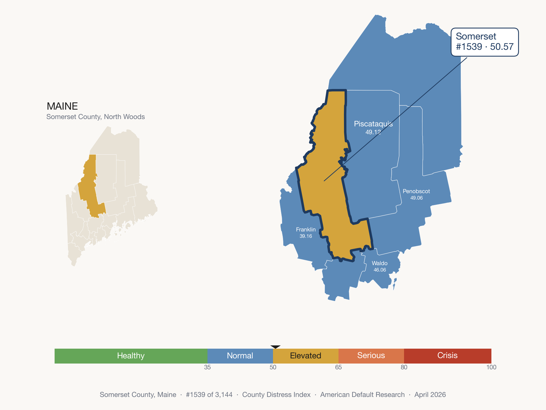 County Distress Index cluster map. Somerset County, Maine and its neighbors colored by distress fifth.