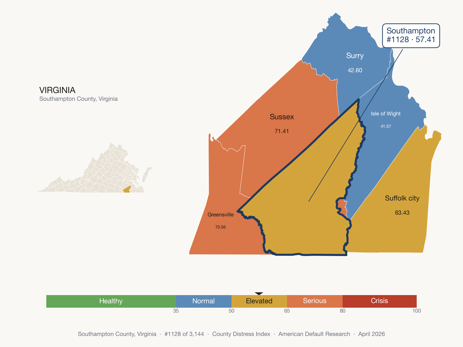County Distress Index cluster map. Southampton County, Virginia and its neighbors colored by distress fifth.