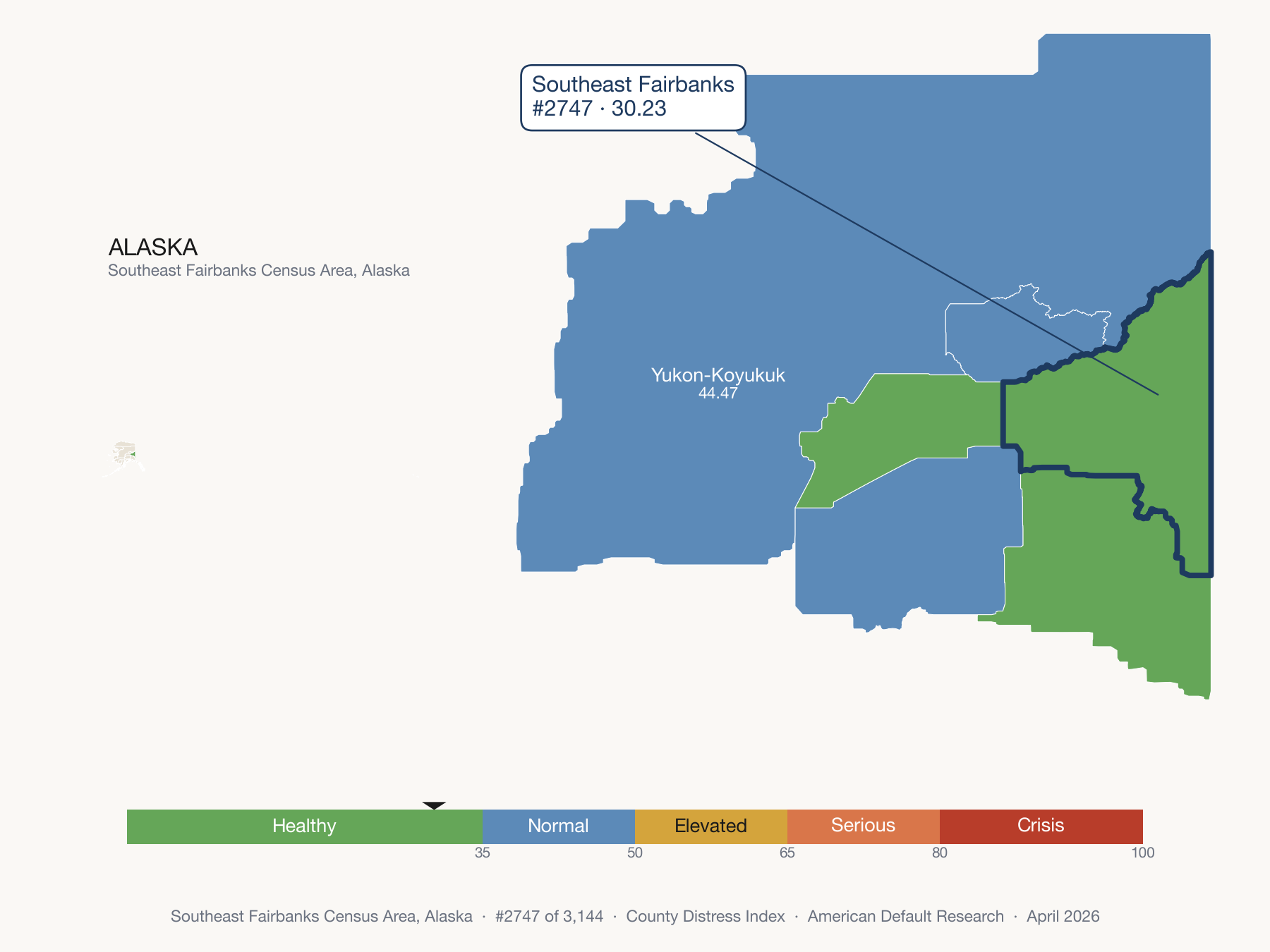 County Distress Index cluster map. Southeast Fairbanks Census Area, Alaska and its neighbors colored by distress fifth.