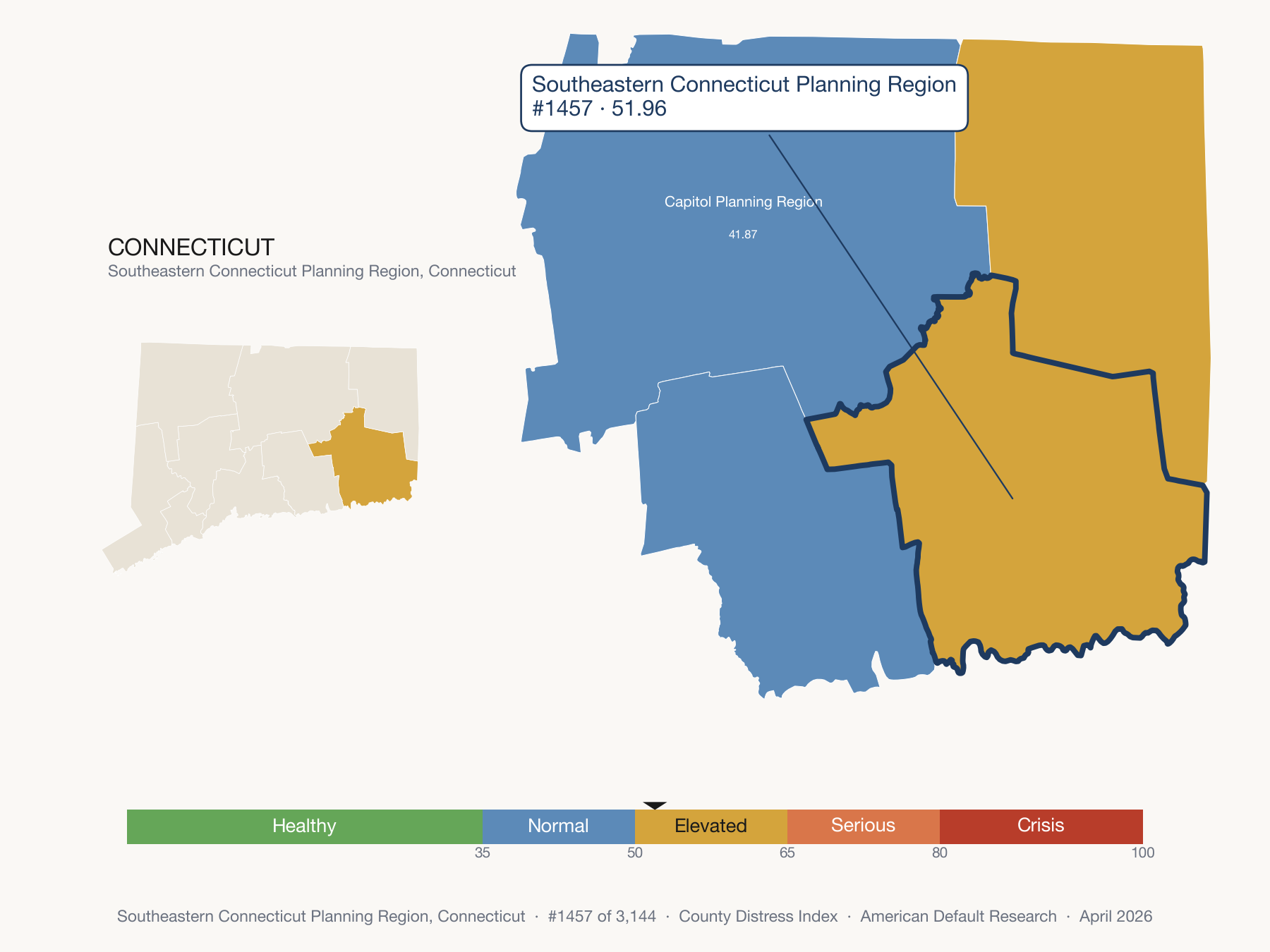 County Distress Index cluster map. Southeastern Connecticut Planning Region, Connecticut and its neighbors colored by distress zone.