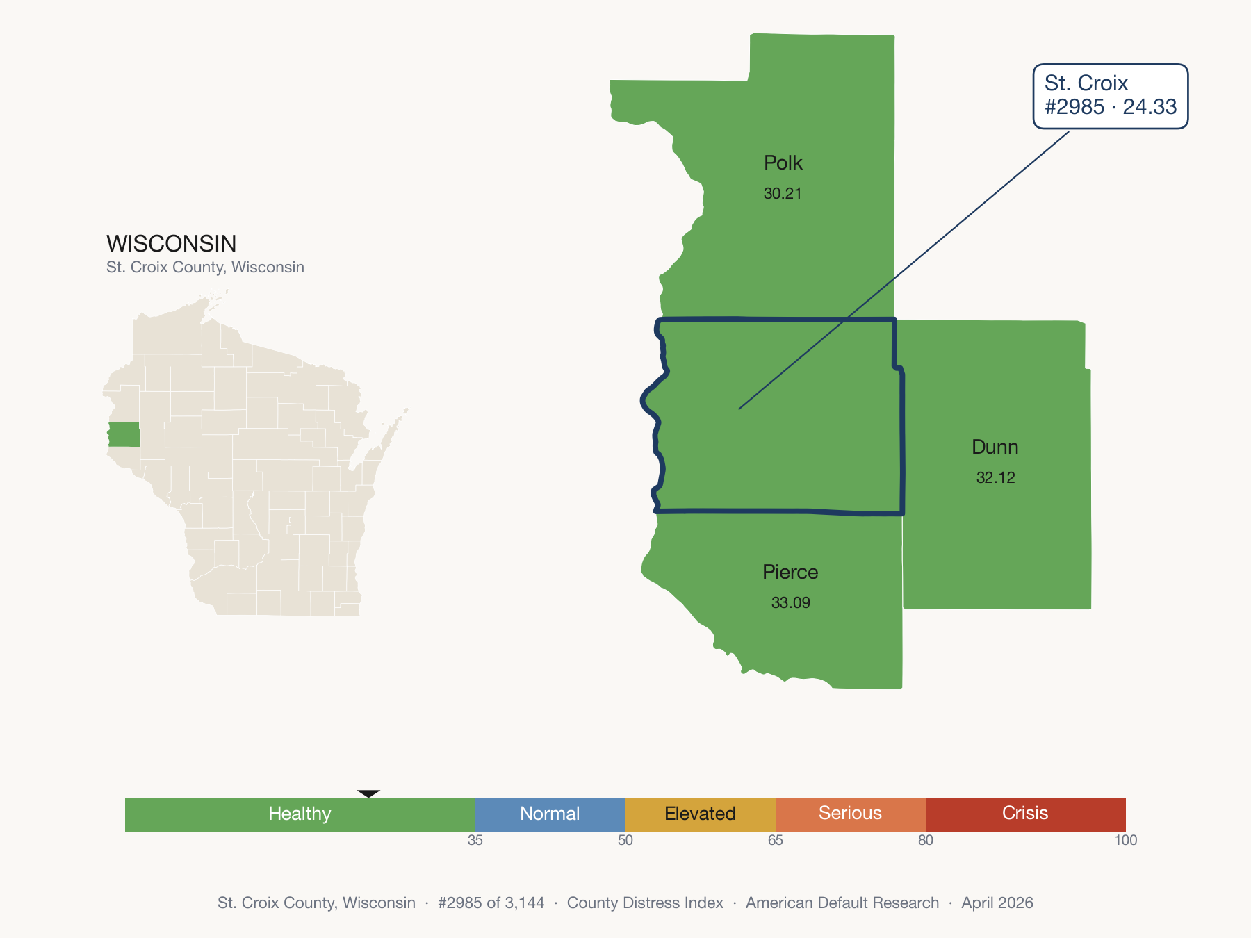 County Distress Index cluster map. St. Croix County, Wisconsin and its neighbors colored by distress zone.