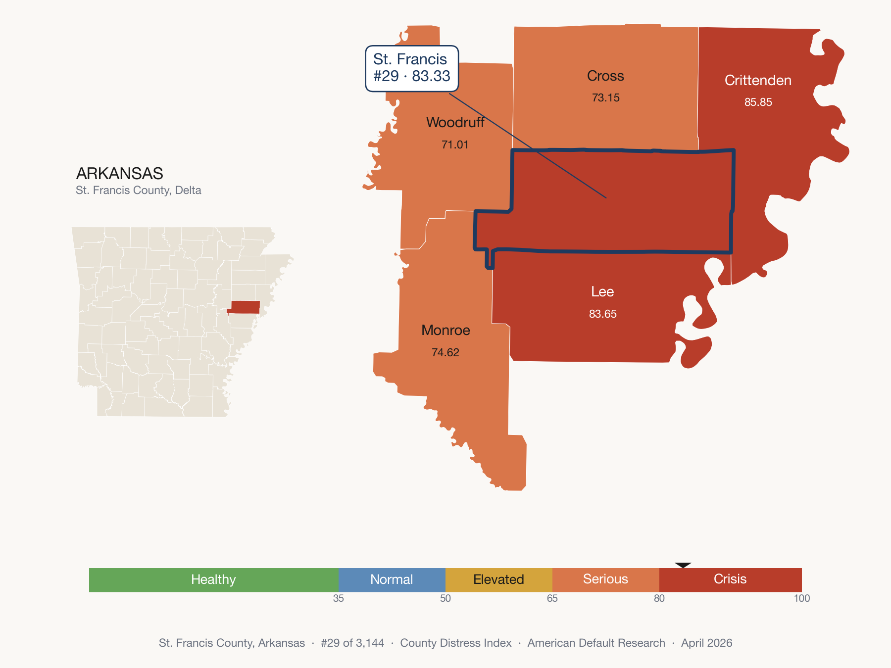 County Distress Index cluster map. St. Francis County, Arkansas and its neighbors colored by distress fifth.
