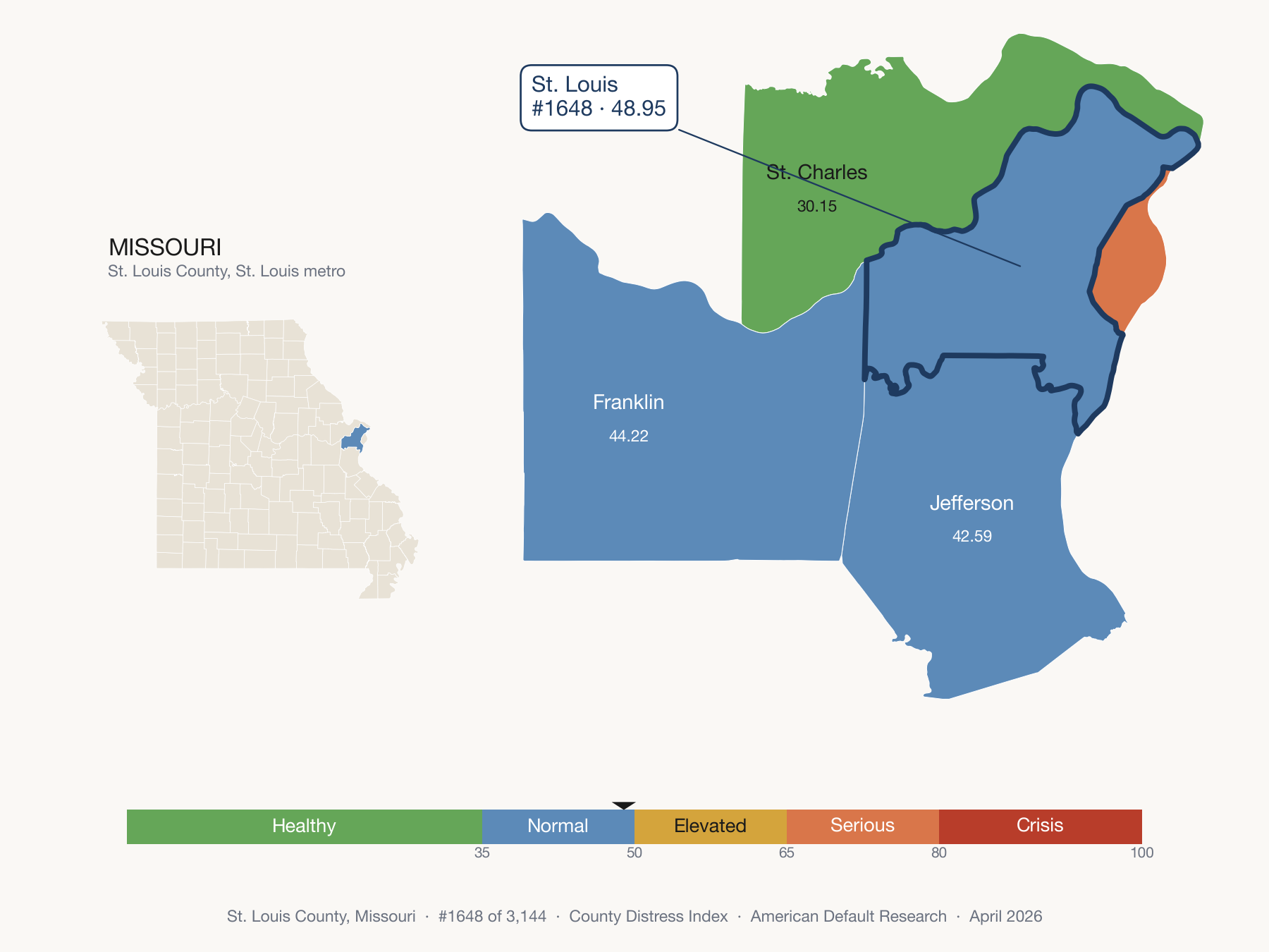 County Distress Index cluster map. St. Louis County, Missouri and its neighbors colored by distress fifth.