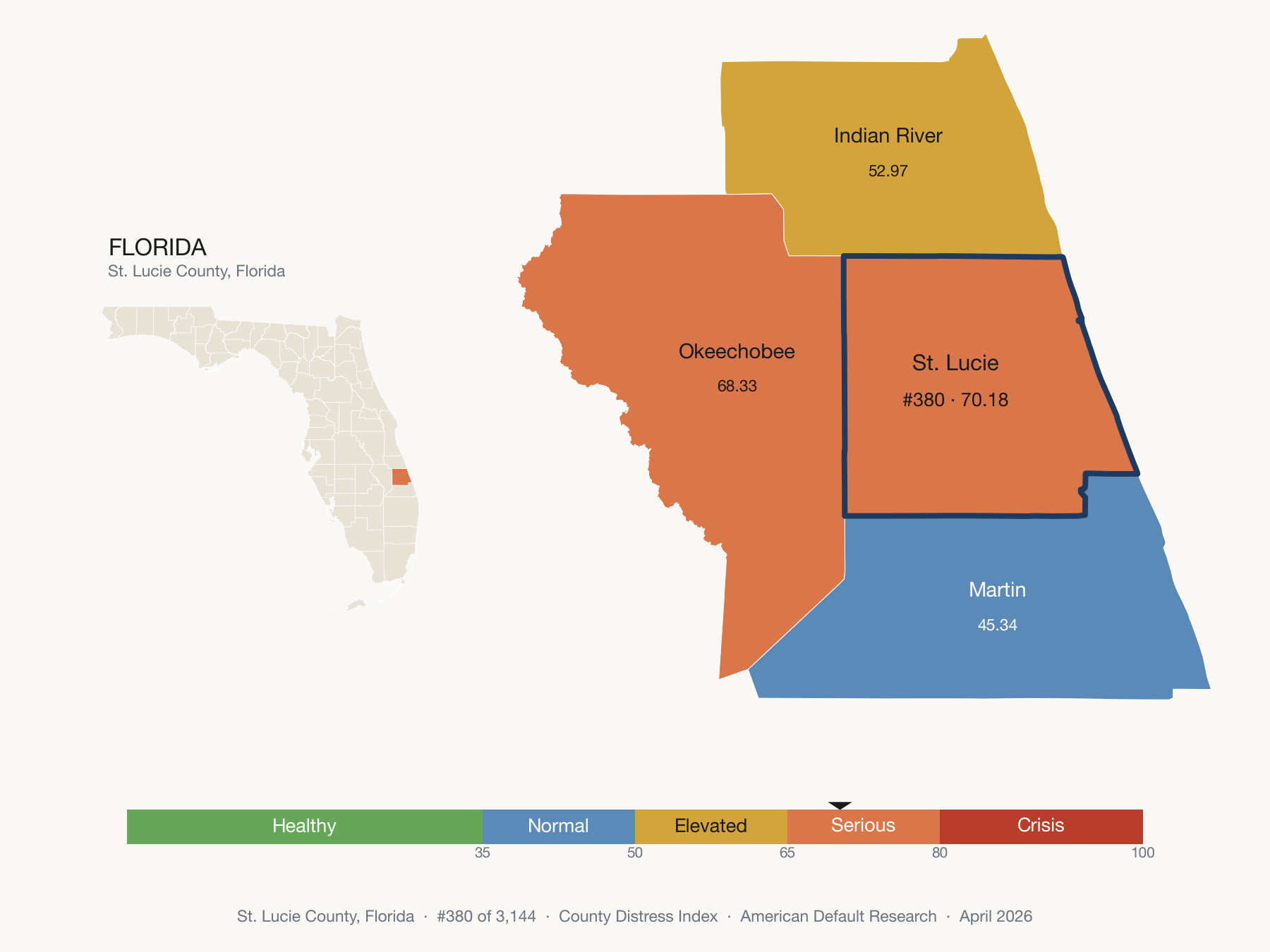 County Distress Index cluster map. St. Lucie County, Florida and its neighbors colored by distress fifth.