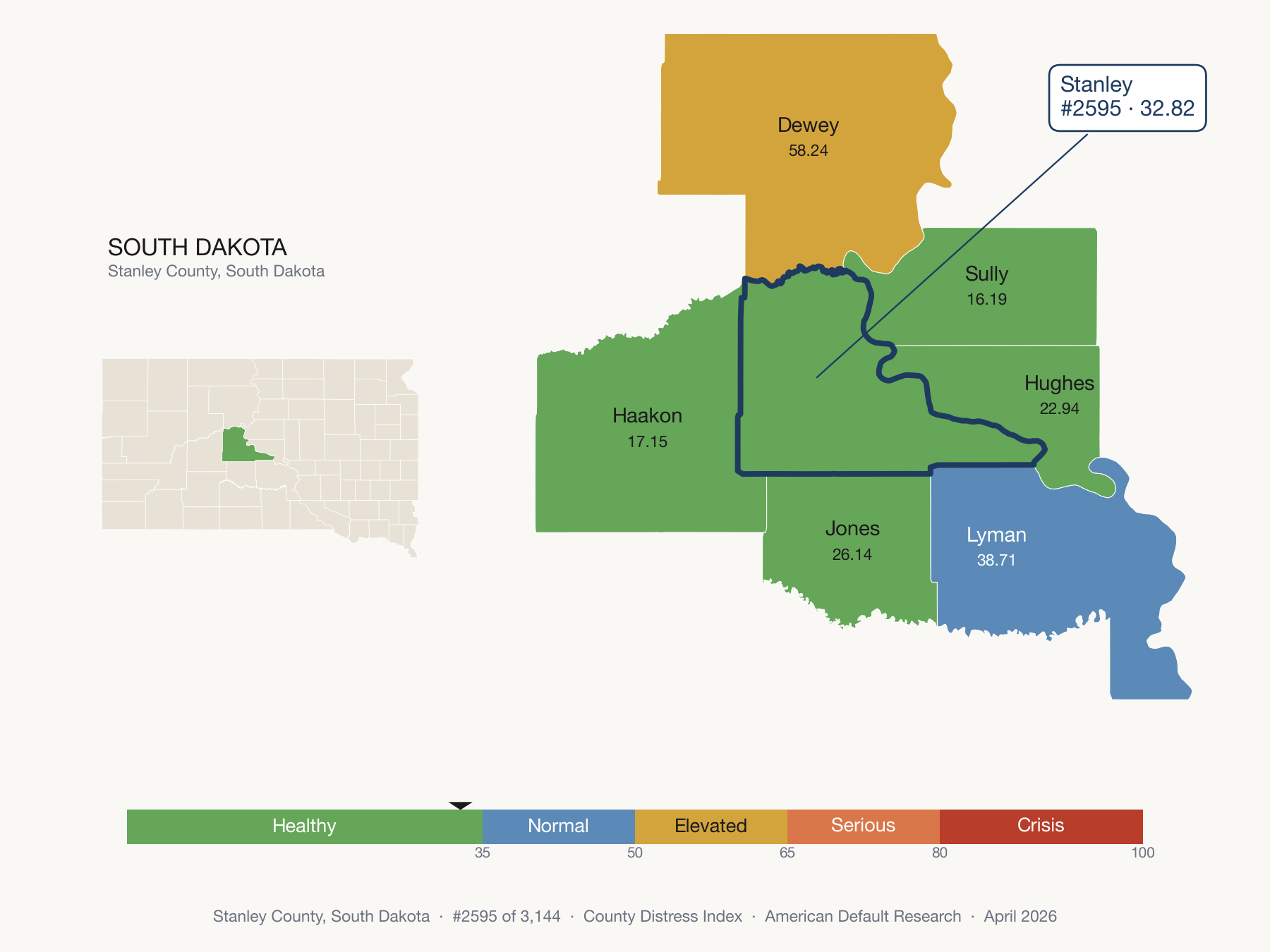 County Distress Index cluster map. Stanley County, South Dakota and its neighbors colored by distress zone.