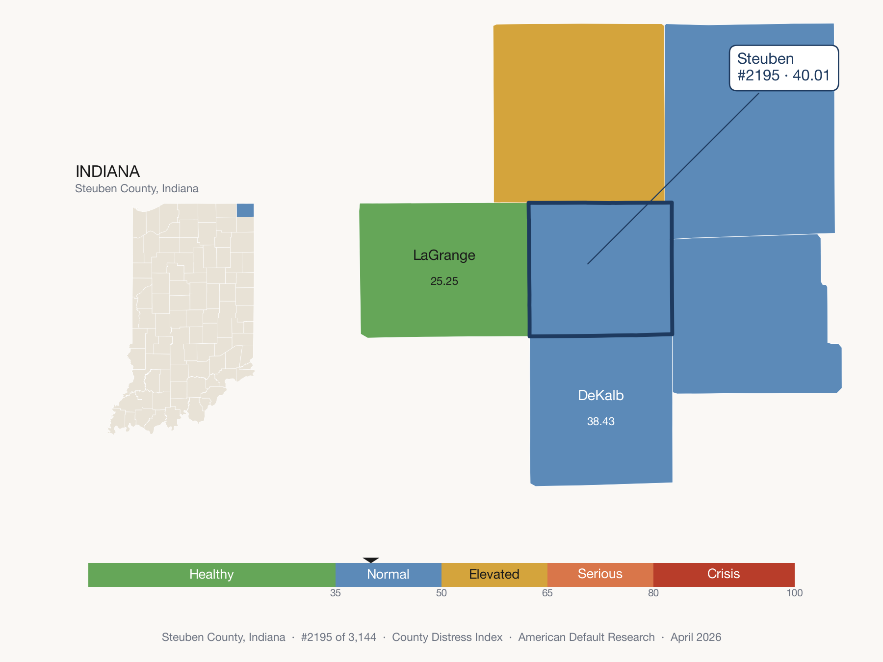 County Distress Index cluster map. Steuben County, Indiana and its neighbors colored by distress fifth.
