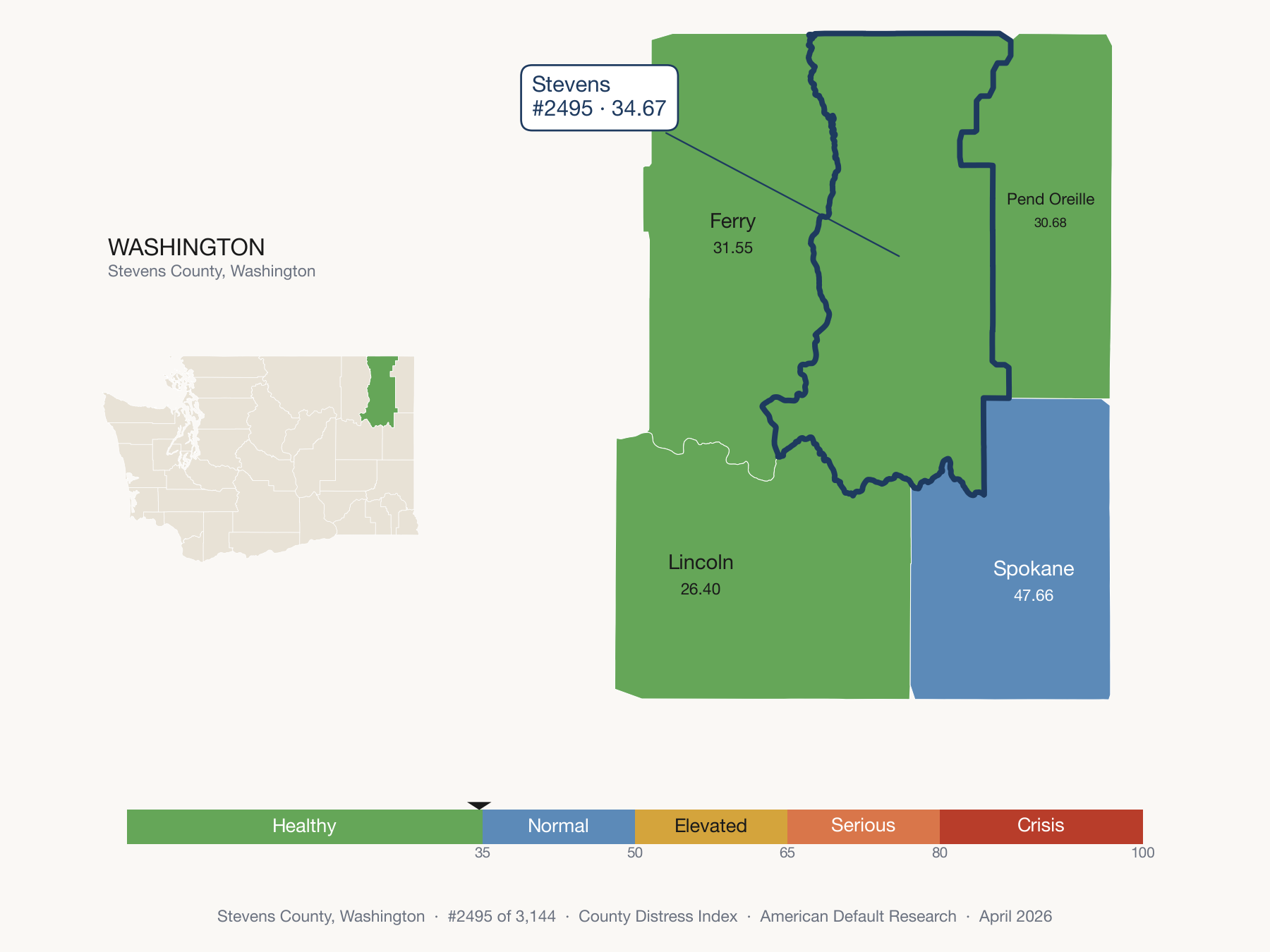 County Distress Index cluster map. Stevens County, Washington and its neighbors colored by distress zone.