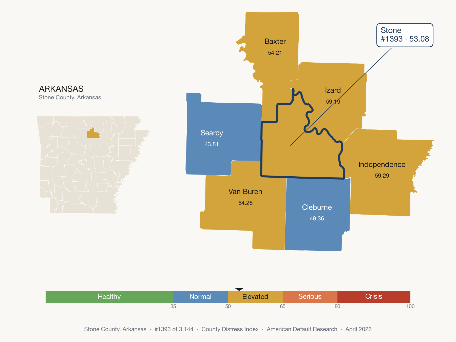 County Distress Index cluster map. Stone County, Arkansas and its neighbors colored by distress zone.