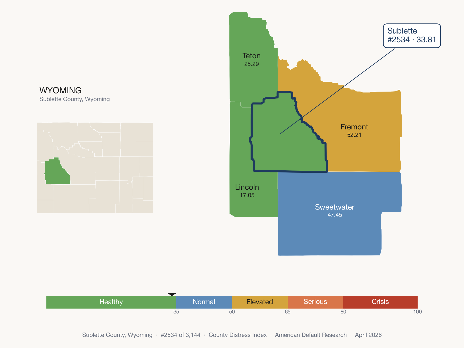 County Distress Index cluster map. Sublette County, Wyoming and its neighbors colored by distress zone.