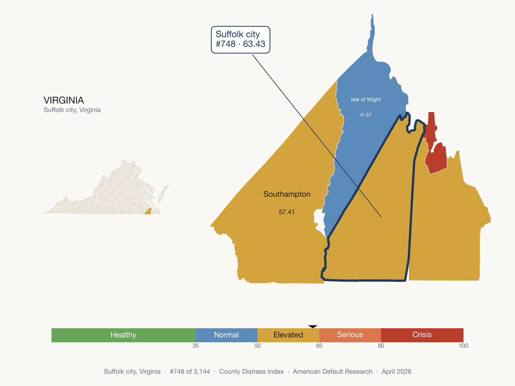 County Distress Index cluster map. Suffolk city, Virginia and its neighbors colored by distress fifth.
