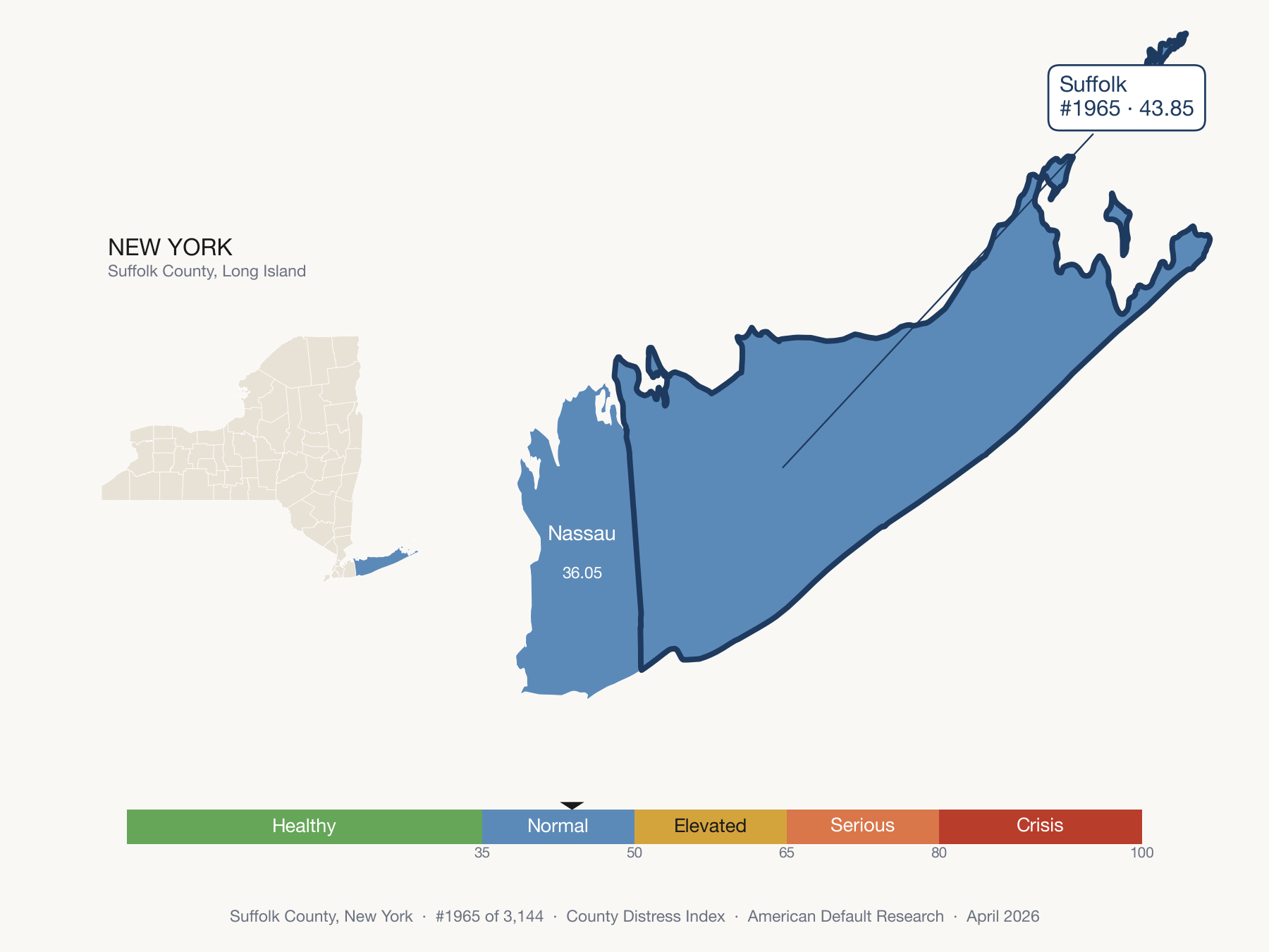 County Distress Index cluster map. Suffolk County, New York and its neighbors colored by distress zone.