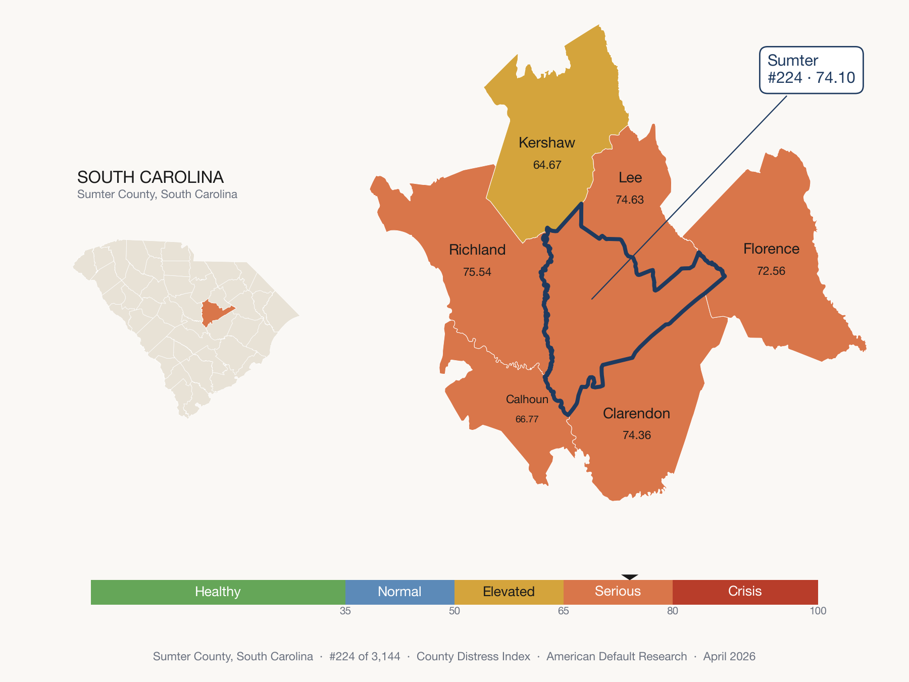 County Distress Index cluster map. Sumter County, South Carolina and its neighbors colored by distress fifth.