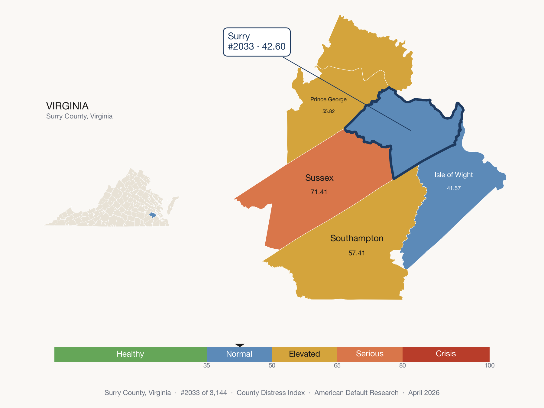 County Distress Index cluster map. Surry County, Virginia and its neighbors colored by distress zone.