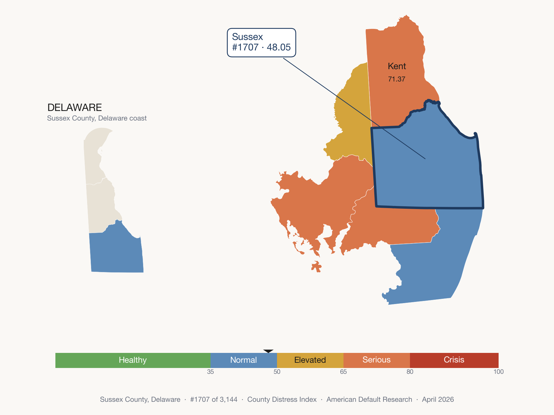County Distress Index cluster map. Sussex County, Delaware and its neighbors colored by distress fifth.