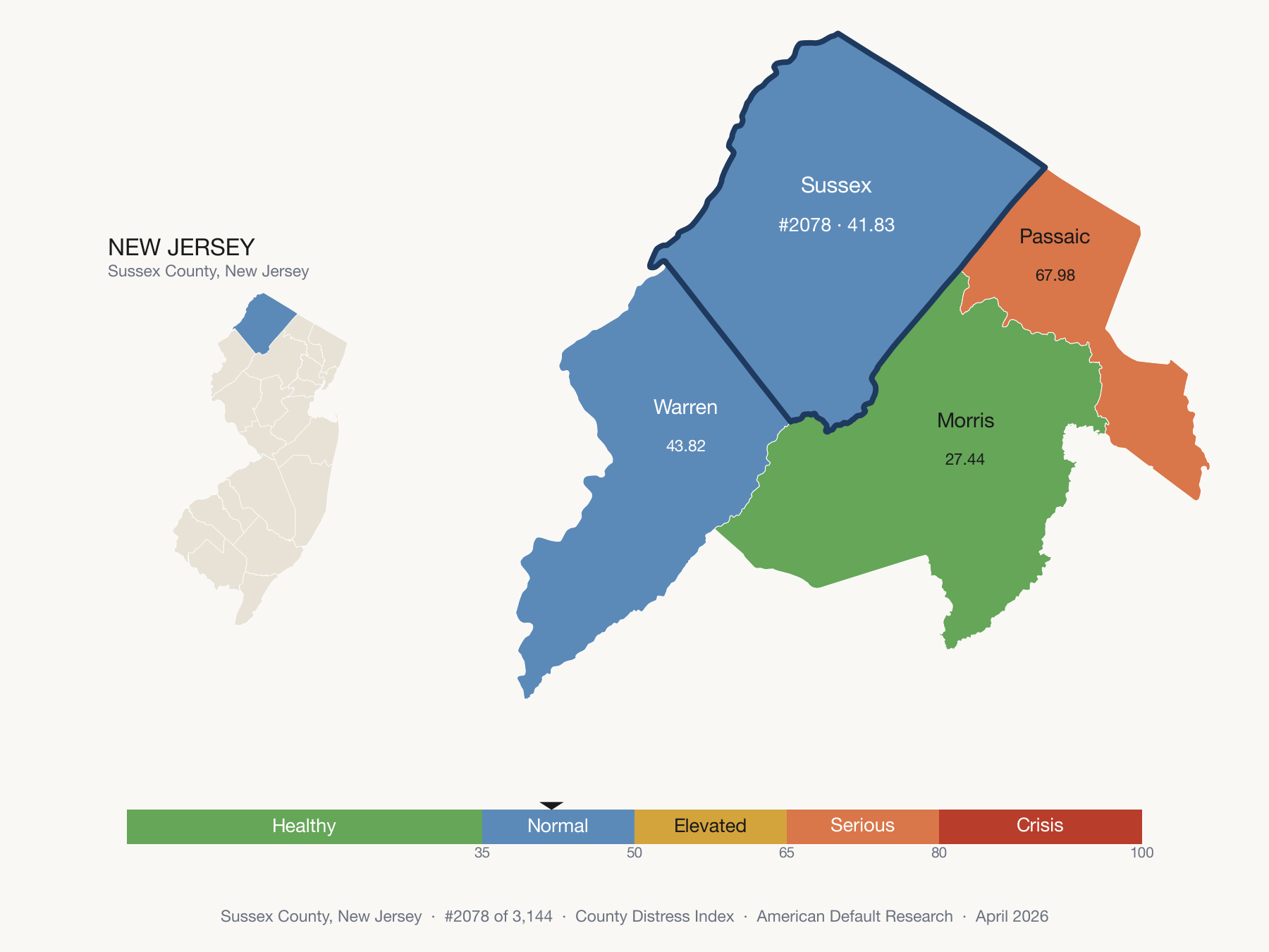 County Distress Index cluster map. Sussex County, New Jersey and its neighbors colored by distress fifth.