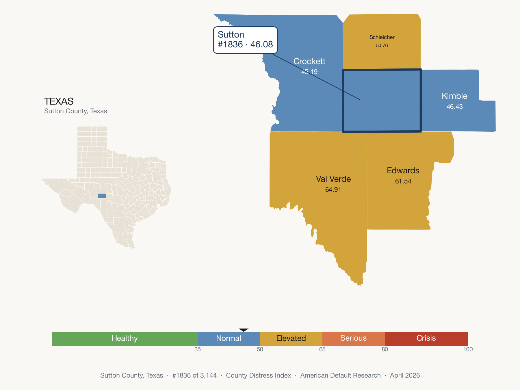County Distress Index cluster map. Sutton County, Texas and its neighbors colored by distress fifth.