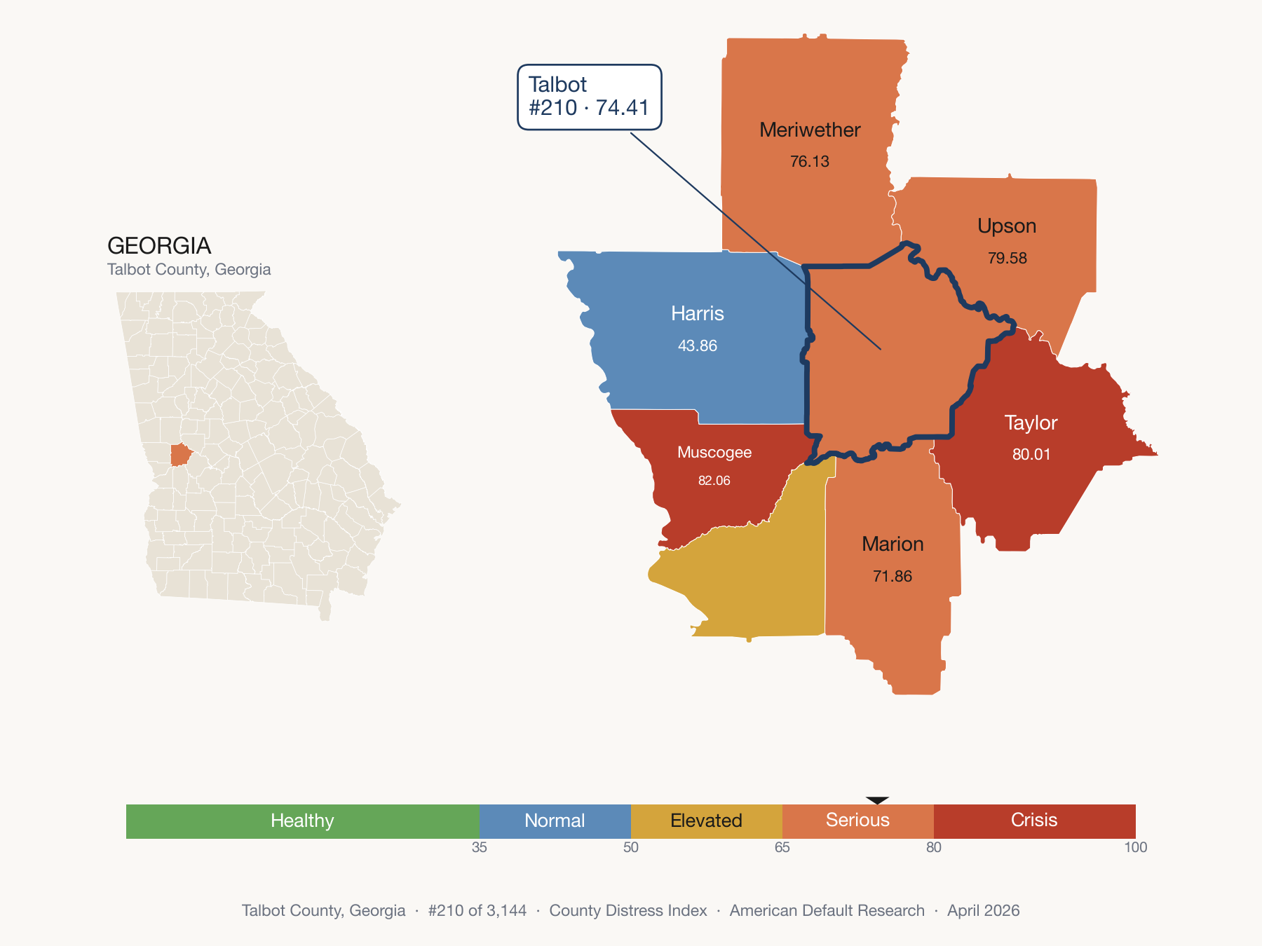 County Distress Index cluster map. Talbot County, Georgia and its neighbors colored by distress fifth.