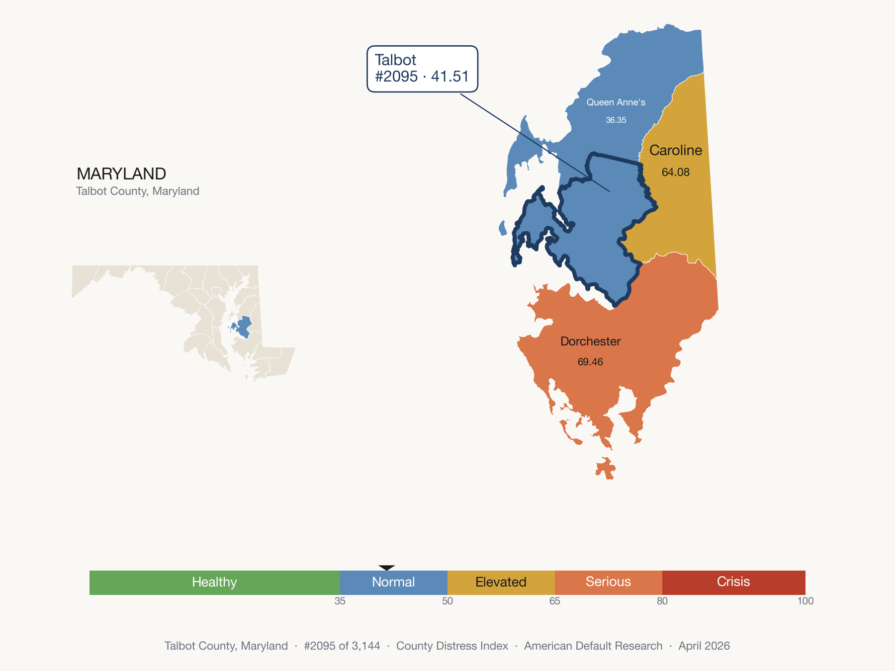 County Distress Index cluster map. Talbot County, Maryland and its neighbors colored by distress zone.