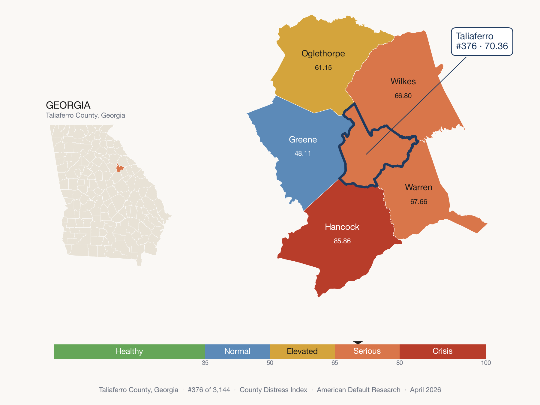 County Distress Index cluster map. Taliaferro County, Georgia and its neighbors colored by distress fifth.