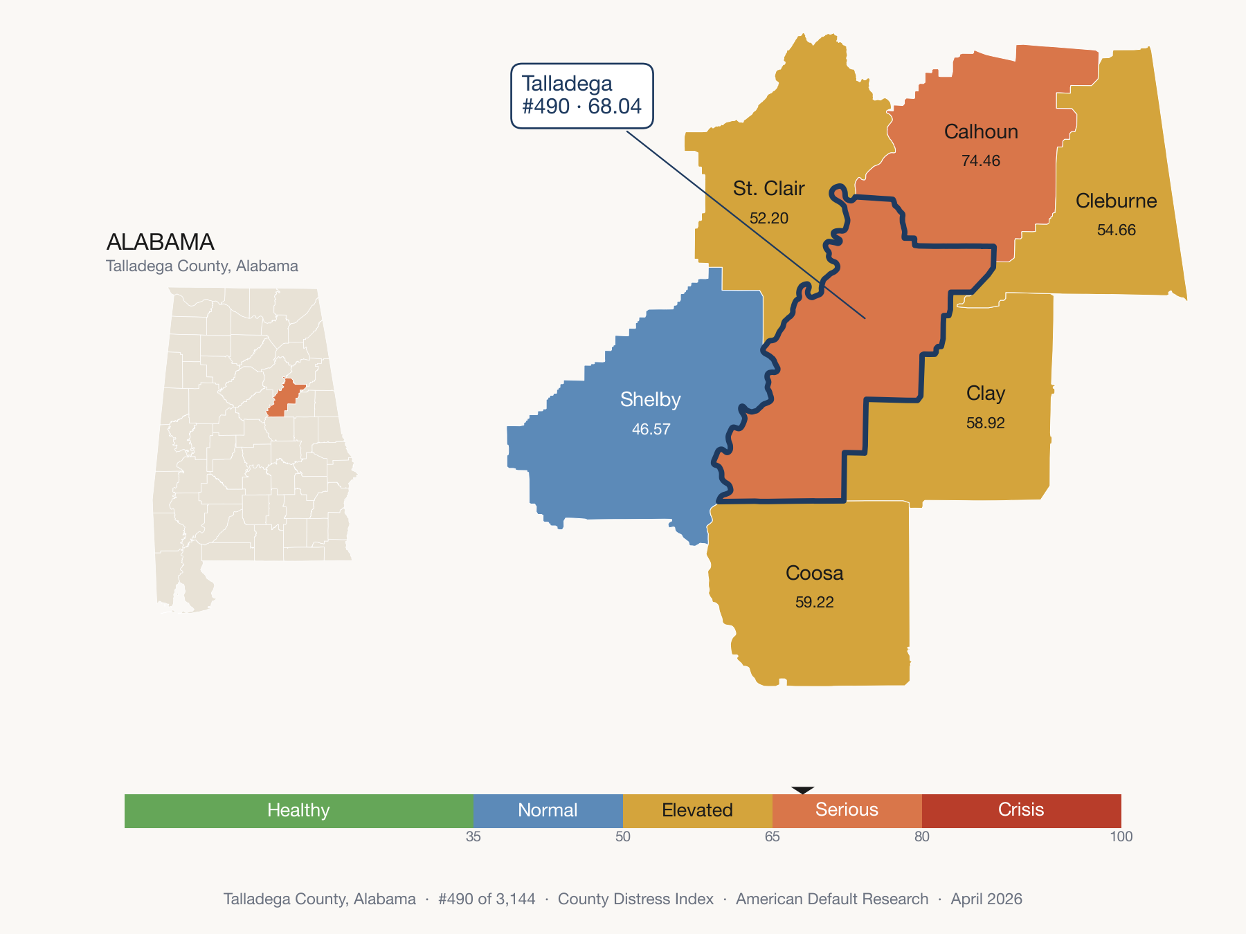 County Distress Index cluster map. Talladega County, Alabama and its neighbors colored by distress fifth.