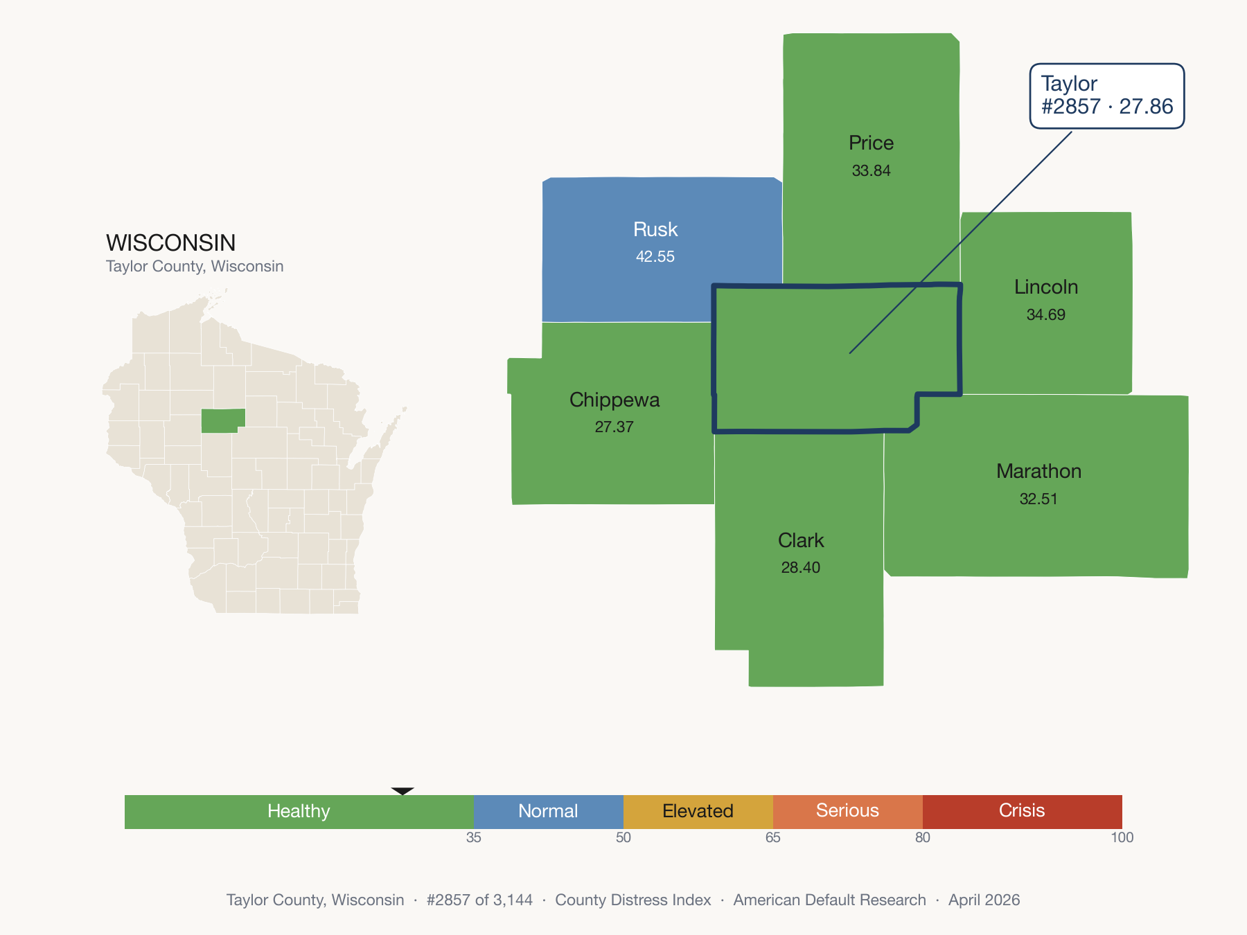 County Distress Index cluster map. Taylor County, Wisconsin and its neighbors colored by distress fifth.