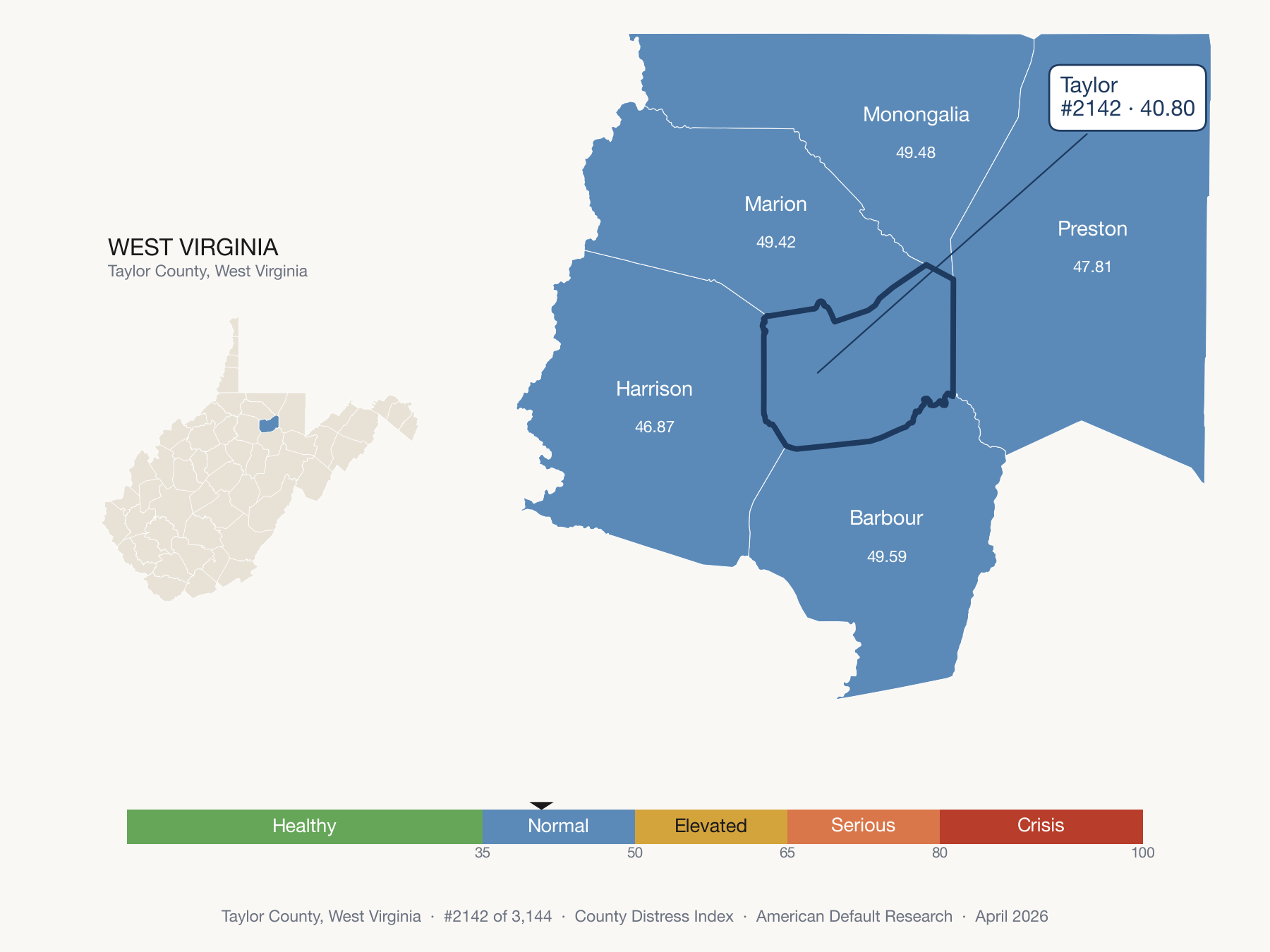 County Distress Index cluster map. Taylor County, West Virginia and its neighbors colored by distress fifth.